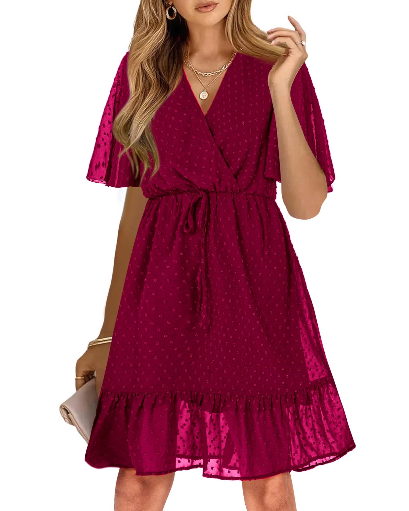 KIRUNDO Women Casual Summer Fall Dresses Long Sleeve Floral Wrap V Neck High Waist Ruffle Tiered A Line Flowy Mini Dress