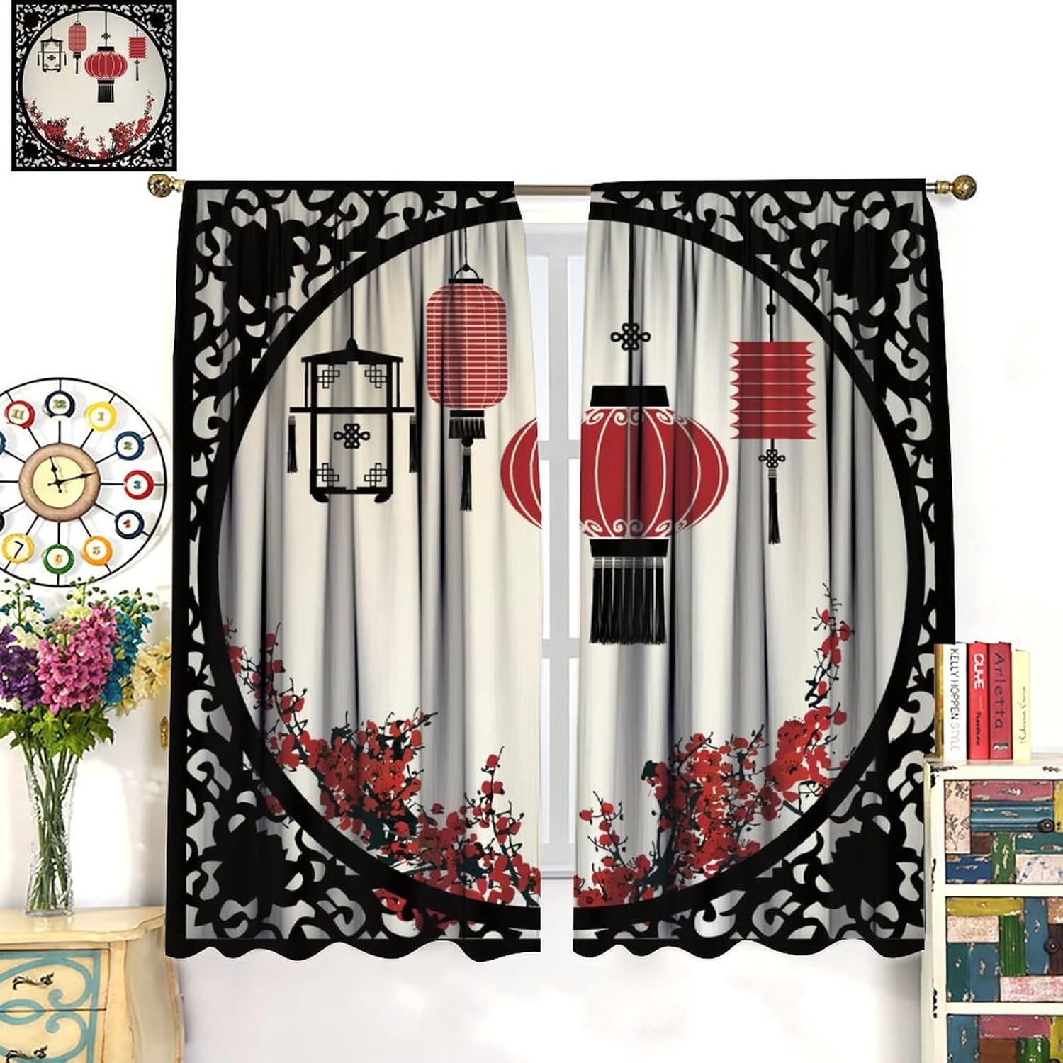 Japanese Ethnic Curtains East Folk Art with Cherry Blossom Trees Round Graphic Curtain with Rod Pocket for Bedroom Living Room Decor Drapes Window Treatments 2 Panels Set 42" W X 45" L