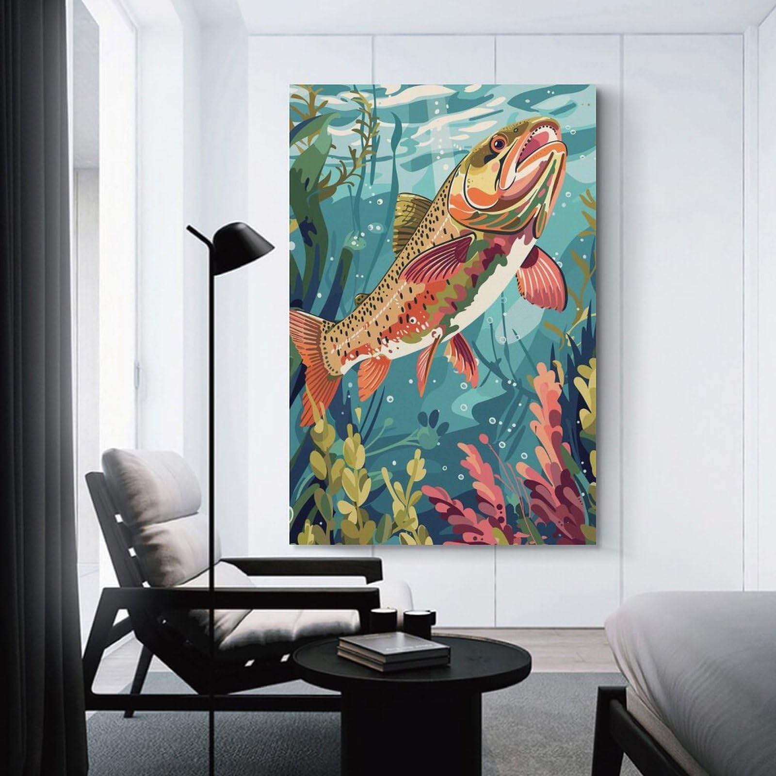 Junmoney Hanging Wall Art Trout in Underwater World, 24x36inch(60x90cm), for Small Homes, Bedrooms Or Open Spaces, Wall Decor with Flexible Room Appeal