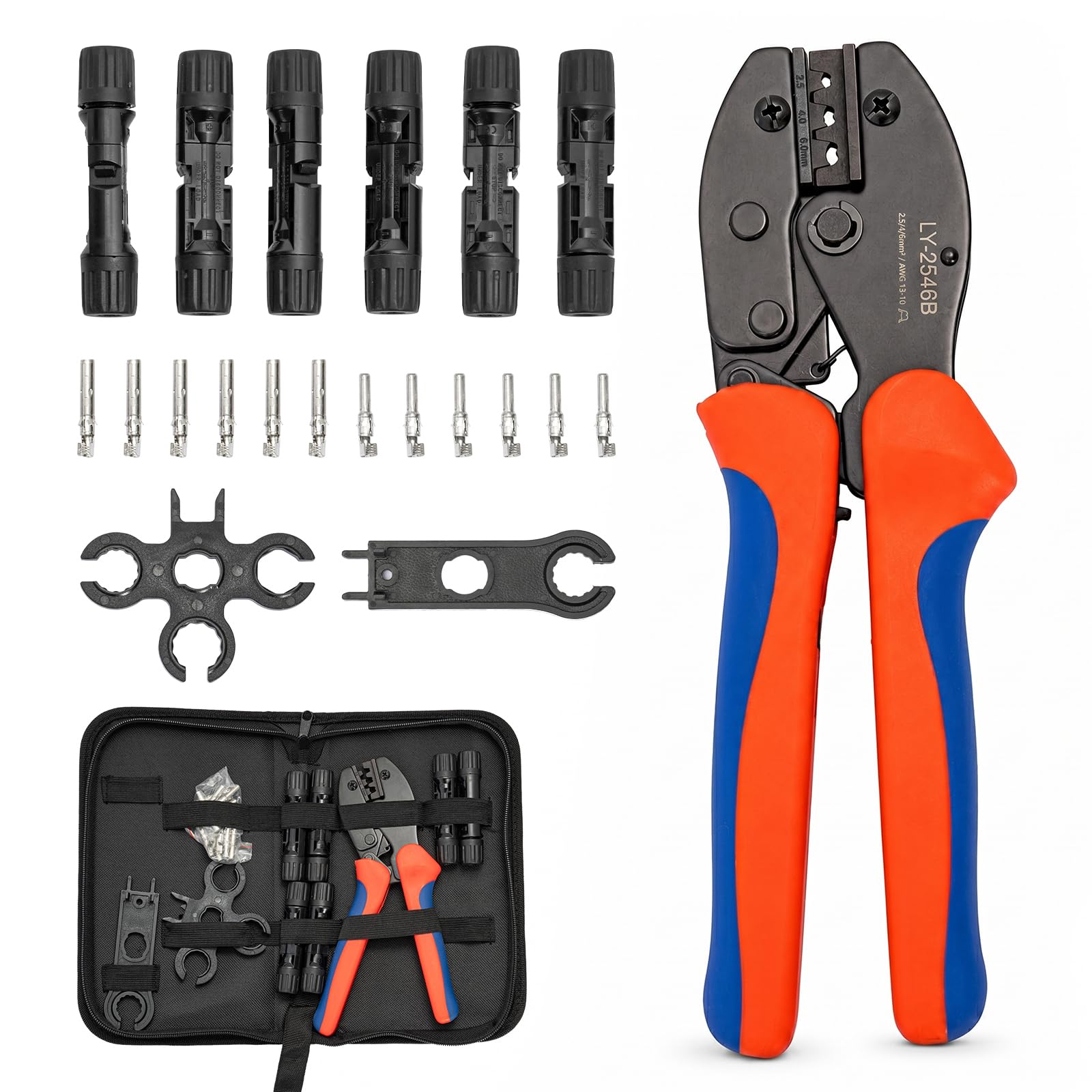 EVERGOODS Heavy Duty Solar Cable Crimping Tool Kit, 6 Pairs Solar Panel Connectors, 1Pcs Solar Cable Crimper,1Pcs Straight and Cross Spanner Wrenches, Solar Wire Crimping Tool