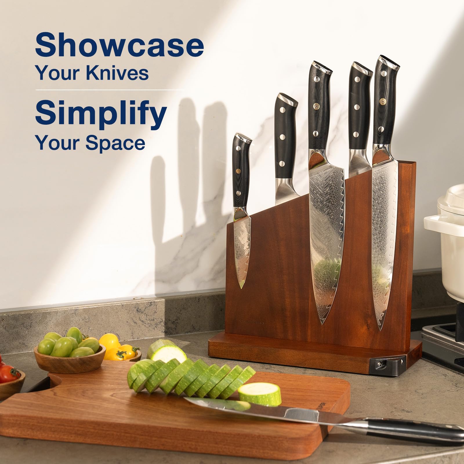 Gourmetop Porte-couteaux magnétique avec aiguiseur intégré, 100 % bois d'acacia magnétique sans couteaux, support de couteaux magnétique double face solide pour l'organisation du comptoir de cuisine