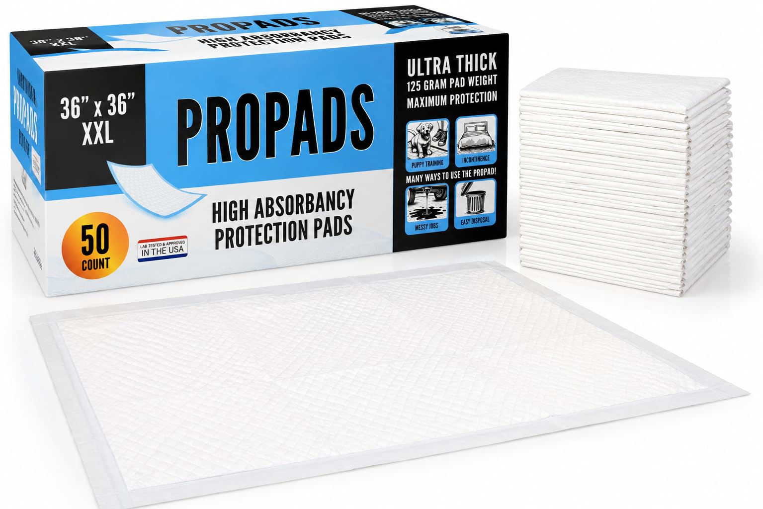 Almohadillas de cama desechables de 36 x 36 pulgadas, extra grandes para incontinencia, ultra absorbentes y a prueba de fugas, 50 unidades, ideal para adultos, niños, mascotas, posparto y