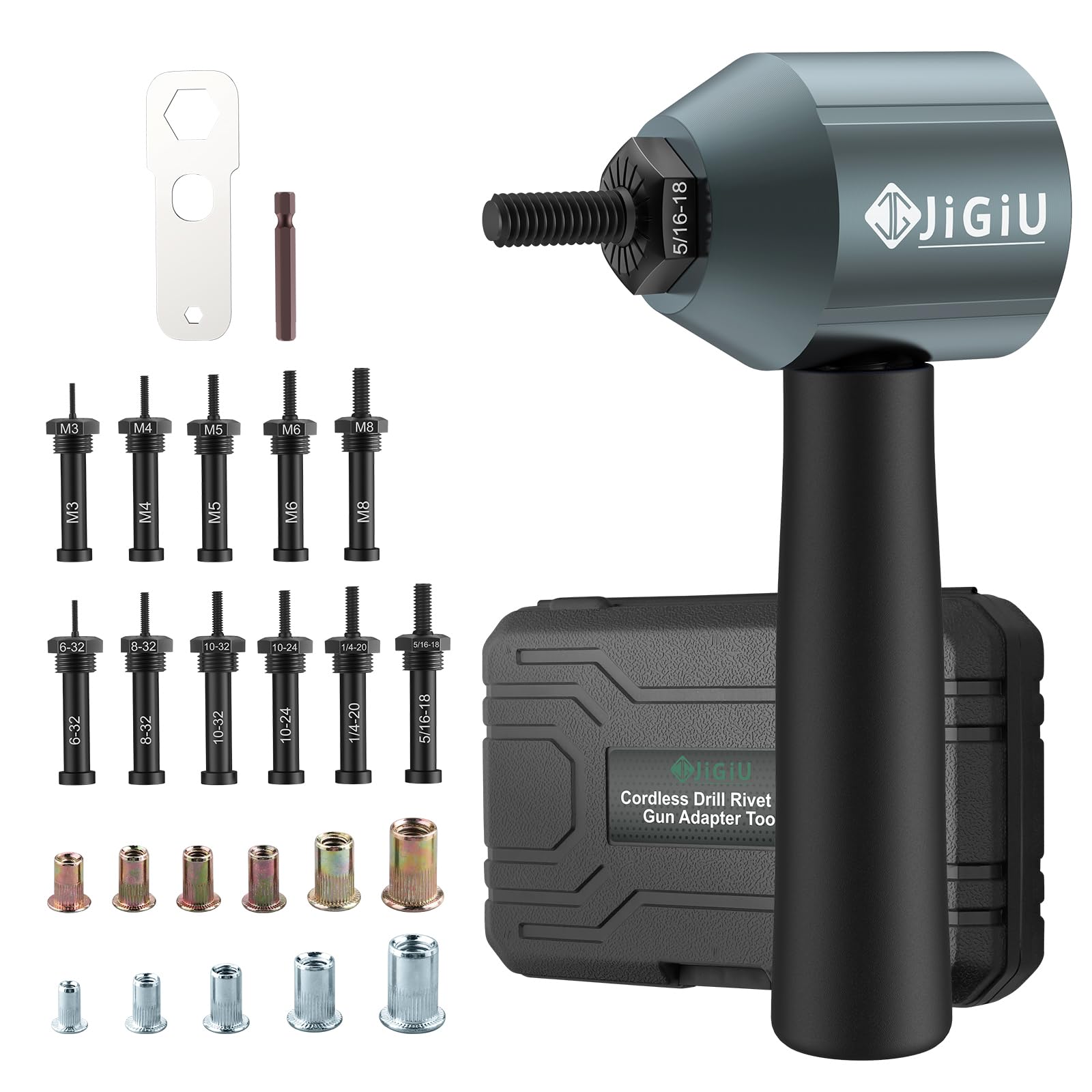 JiGiU Cordless Rivet Nut Drill Adapter Kit, Electric Rivet Gun Adapter with 11 Mandrels and 100 Nuts, Electric Nut Gun Adapter Easy to Install