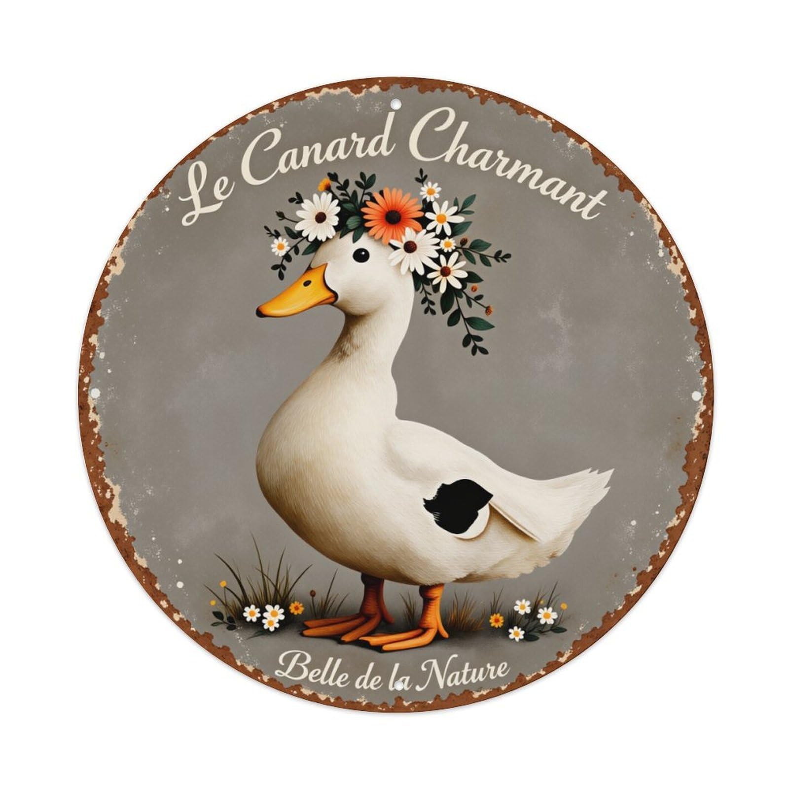 Duck With Flower Crown Round Tin Sign Vintage Style Metal Sign Home Bar Garden Wall Plaque Decor Metal Poster 8x8 Inch