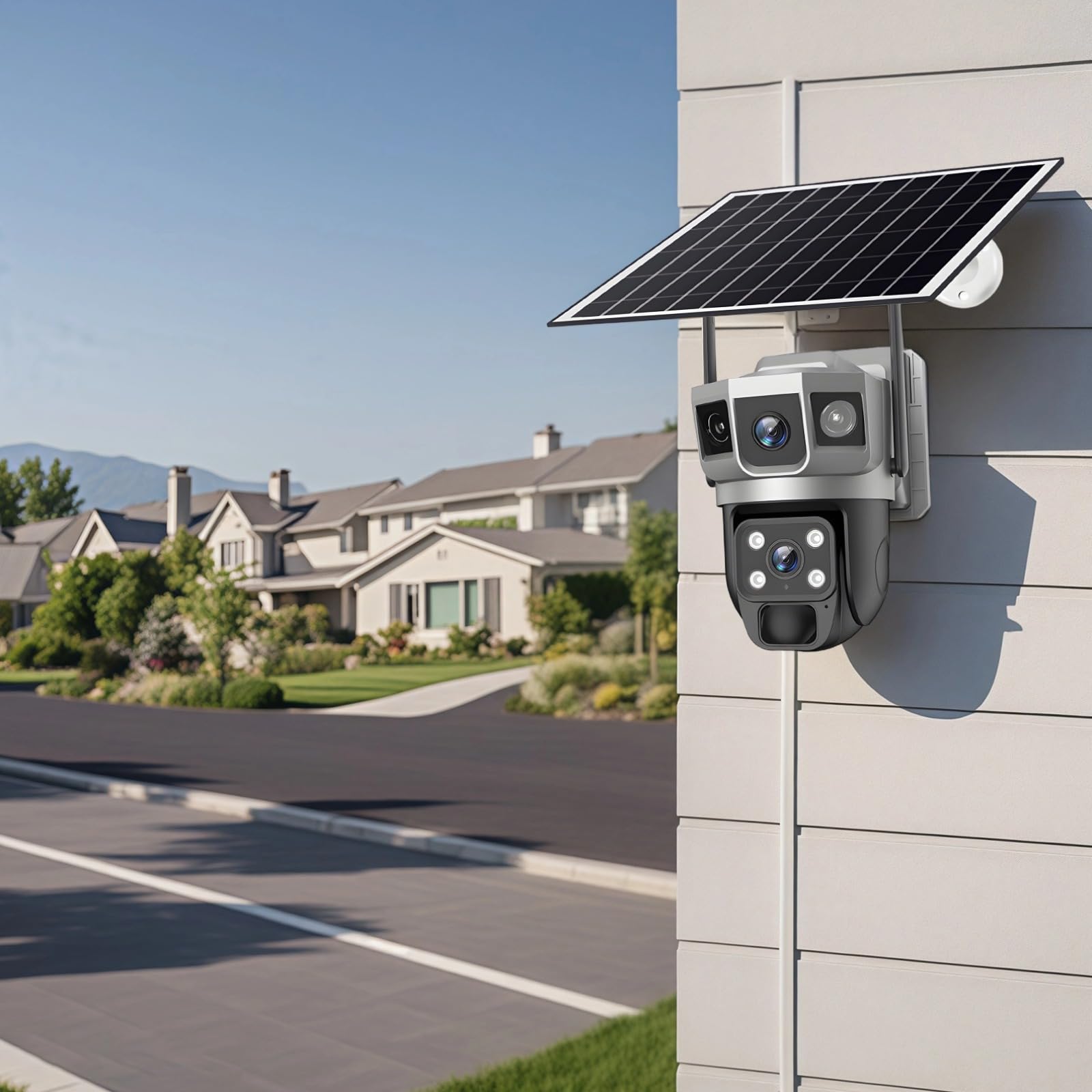 Telecamera di sorveglianza all'aperto, a energia solare, funzione 4G, design a doppia lente, risoluzione HD, resistente alle intemperie IP66, sistema di monitoraggio della sicurezza wireless