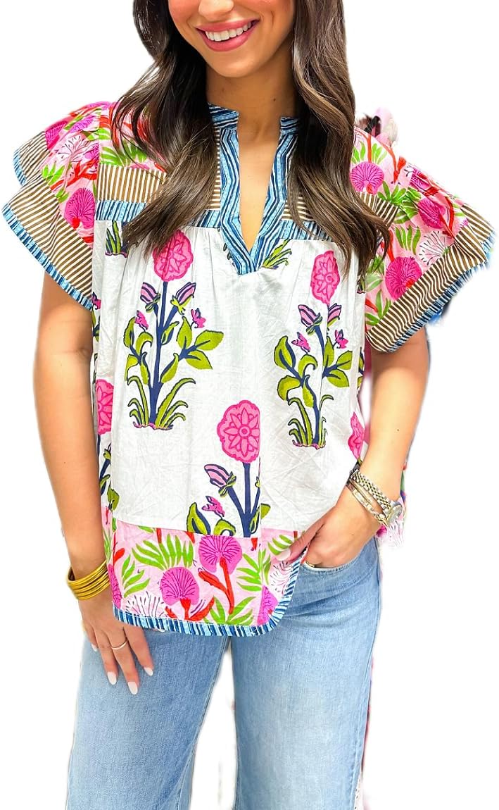 Argeousgor Women's Y2K Ruffle Cap Sleeve V Neck Peplum Shirt - Image 2