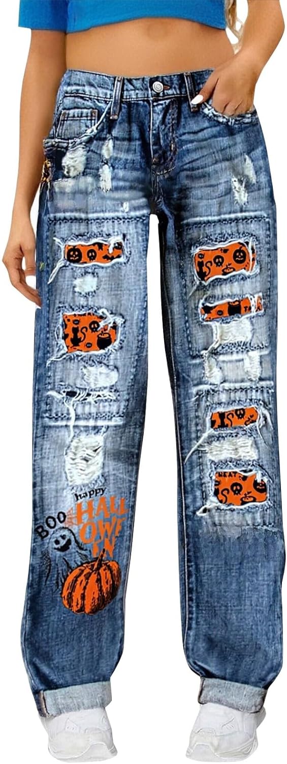 Distressed Jeans for Women Plus Size High Waisted Straight Leg Halloween Ripped Jeans with Iron Non Pumpkin Patches