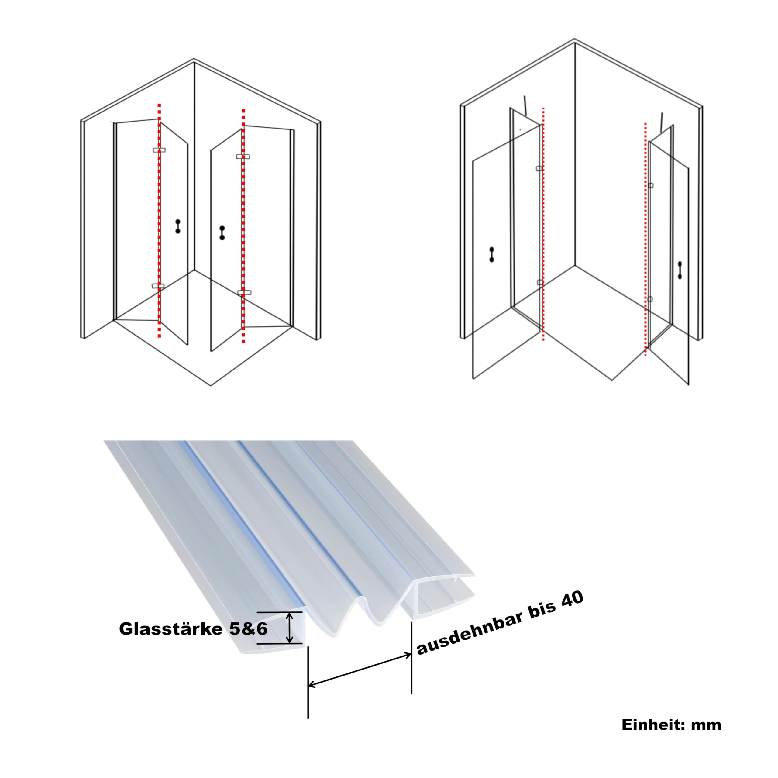 WITEN&NOCK 200cm 2er Set Duschdichtungen Ersatzdichtung entfaltbar für Glas zu Glas Verbindung Duschtür Dichtung Gerade Glasstärke 5-6 mm
