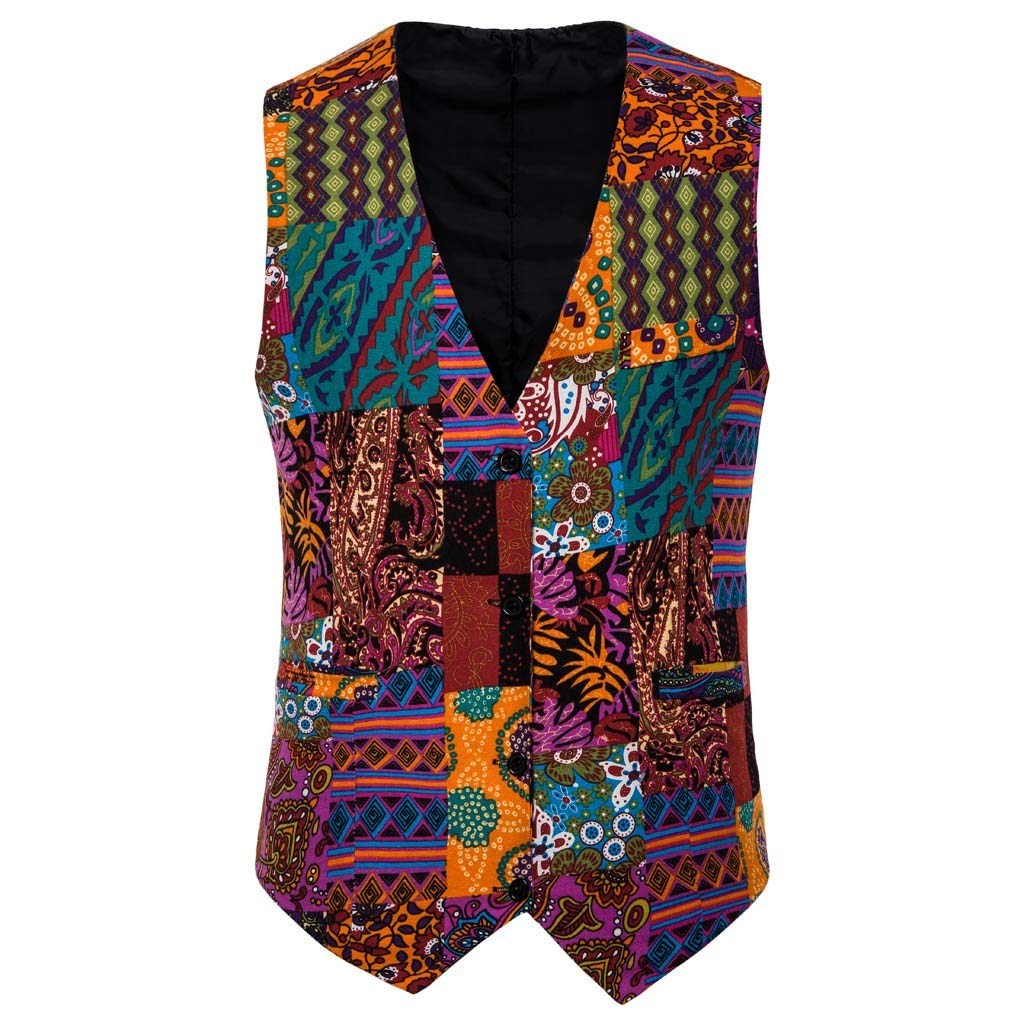 2019 Mens Waistcoat Beautyfine Casual Vintage Printed Ethnic Style Sleeveless Business Slim Button Dress Vest Tops