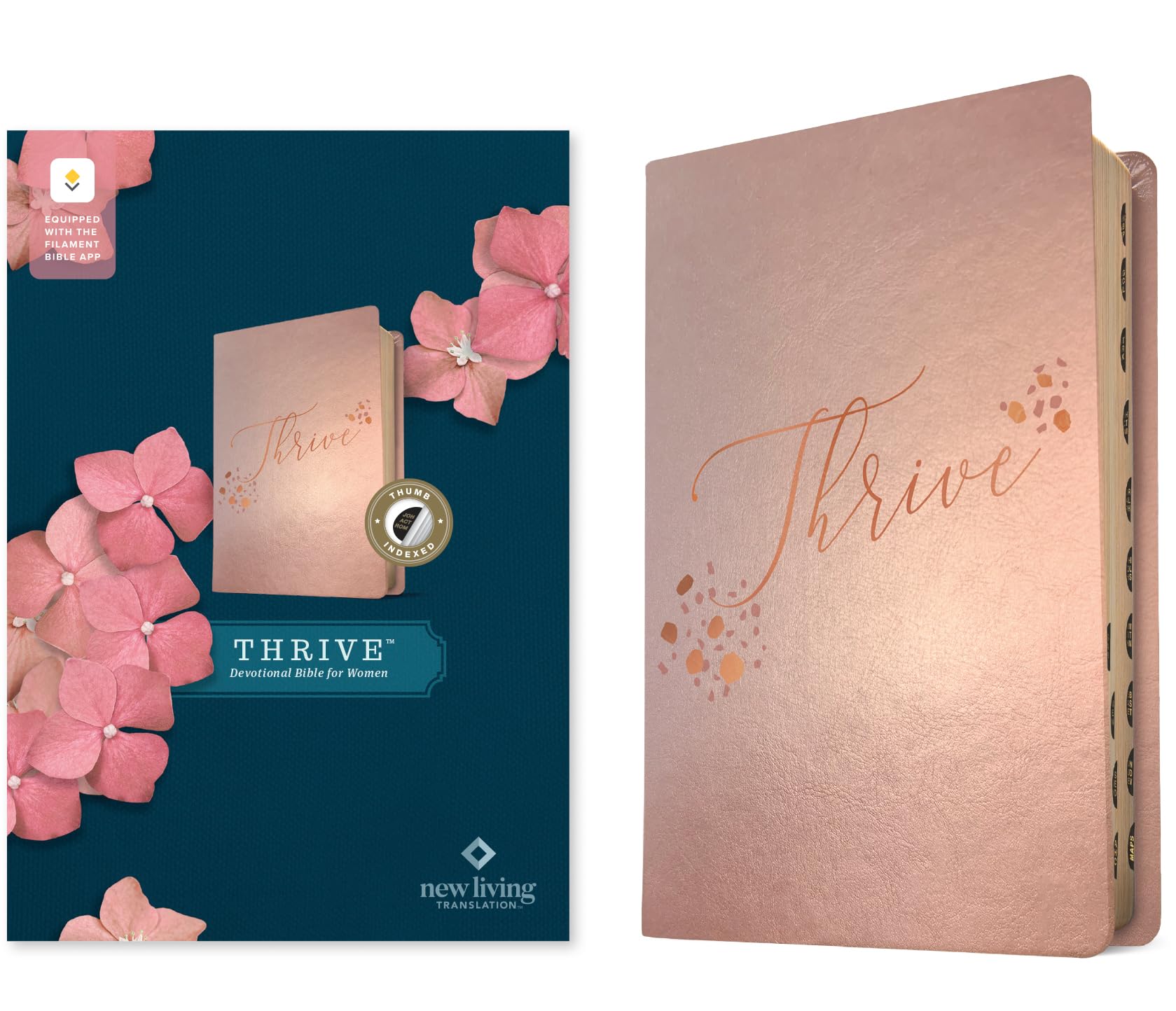 NLT THRIVE Devotional Bible for Women, Filament Enabled (LeatherLike, Rose Metallic, Indexed)