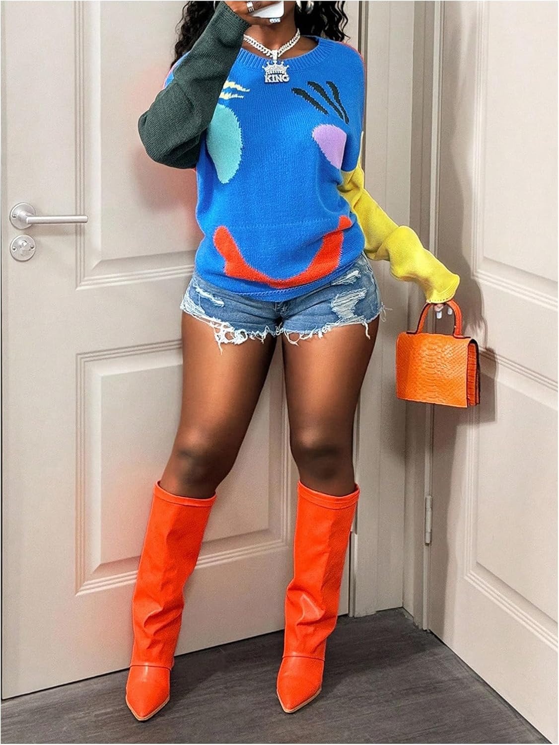 OYOANGLE Women's Fashion Color Block Loose Drop Shoulder Sweater Crew Neck Long Sleeves Pullover Sweater - Image 4