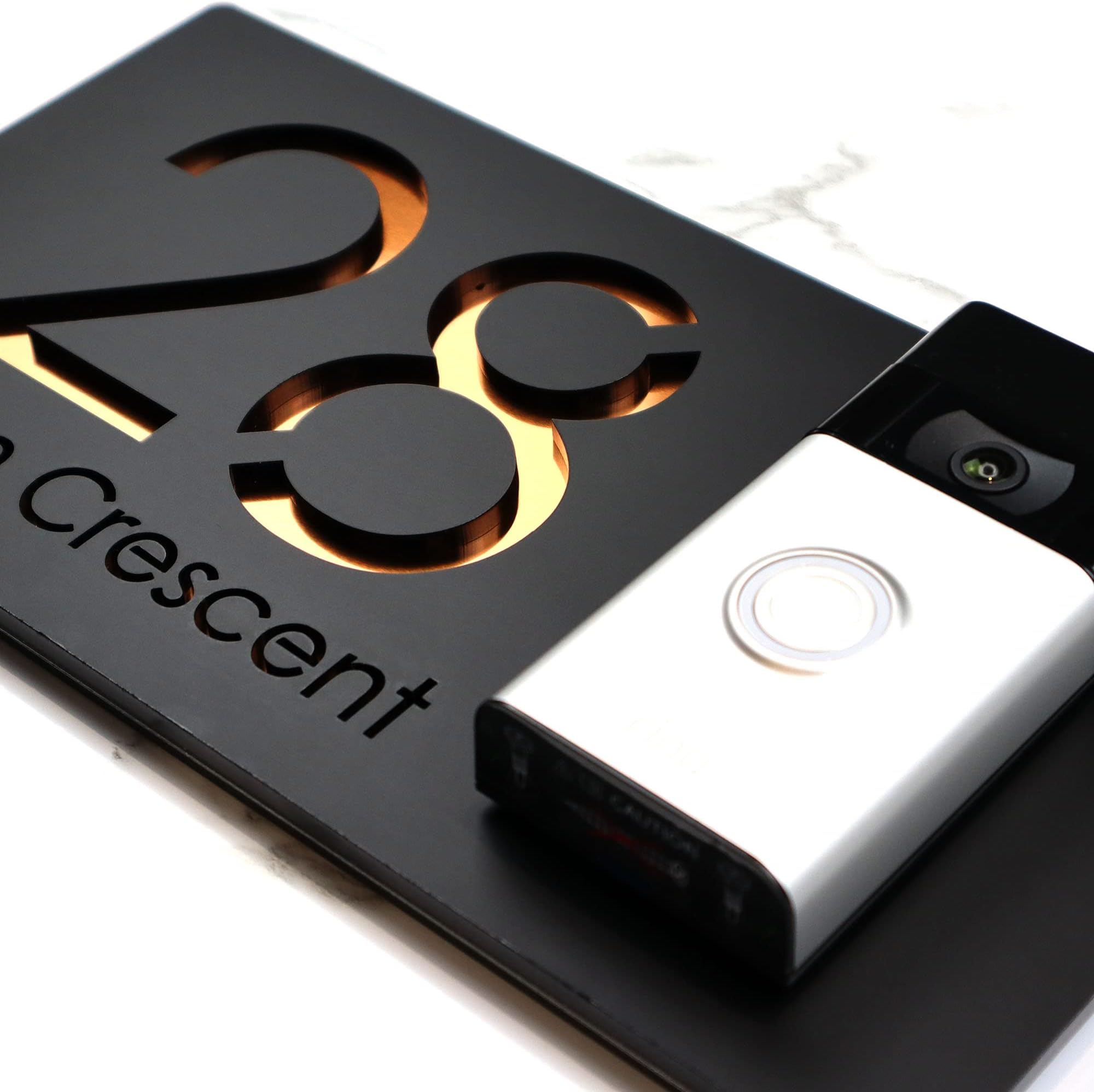 Bellissima Video Doorbell house sign door number plaques for Nest Ring Wifi doorbell plate mount | Matt Black - Copper Mirror | Contemporary Style | 300mm x 160mm