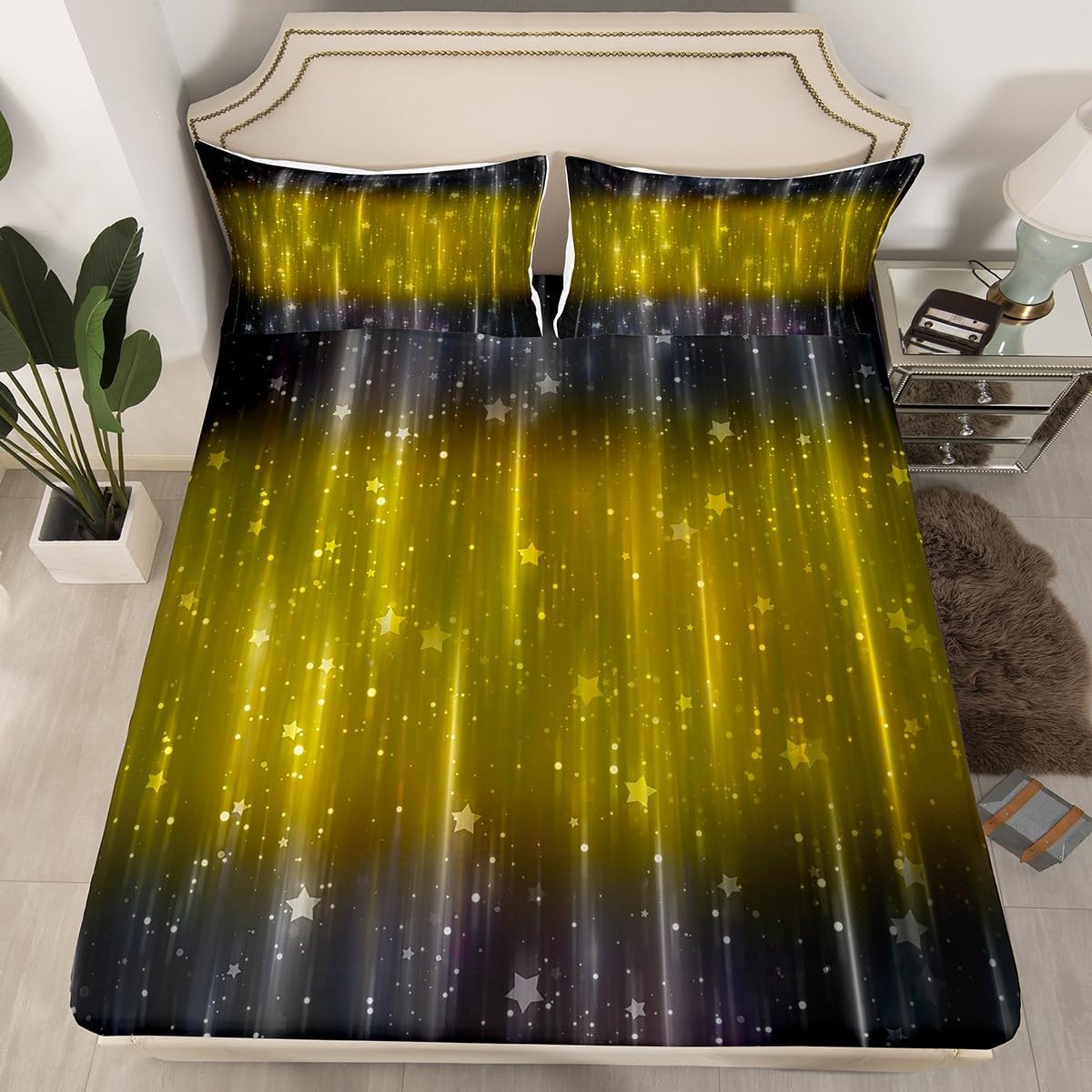 Erosebridal Orange and Black Ombre Bed Sheets Black and Grey Gradient Fitted Sheet Full Size, Sparkling Stars Bedding Aesthetic Glowing Sheet, Modern Abstract Neon Bed Cover (Deep Pocket)