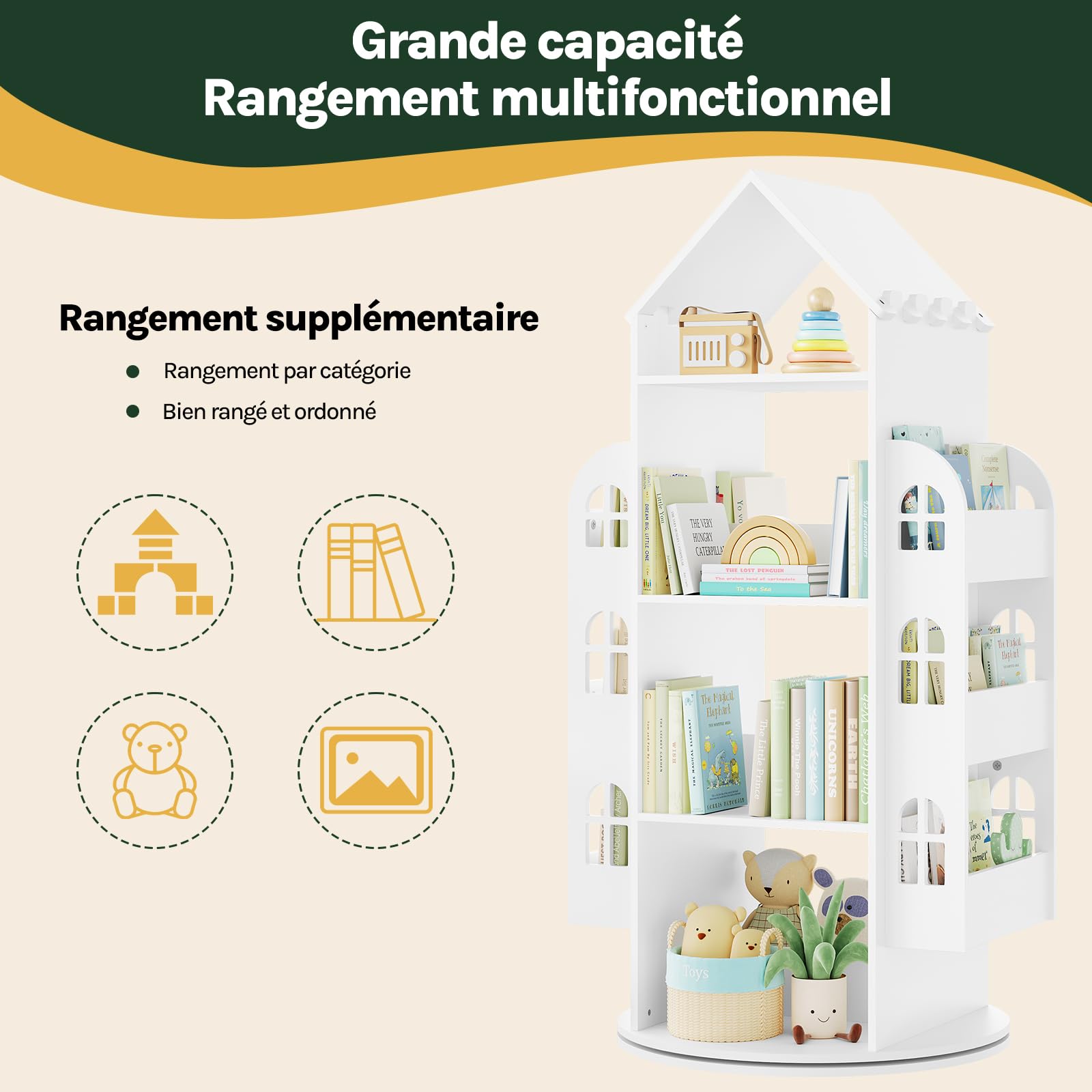 WOLTU Bibliothèque pour Enfants, Étagère Rotative à 4 Niveaux, Meuble de Rangement pour Jouets avec 13 Compartiments, Bibliothèque Blanche en Forme de Maison, 63x59x125cm