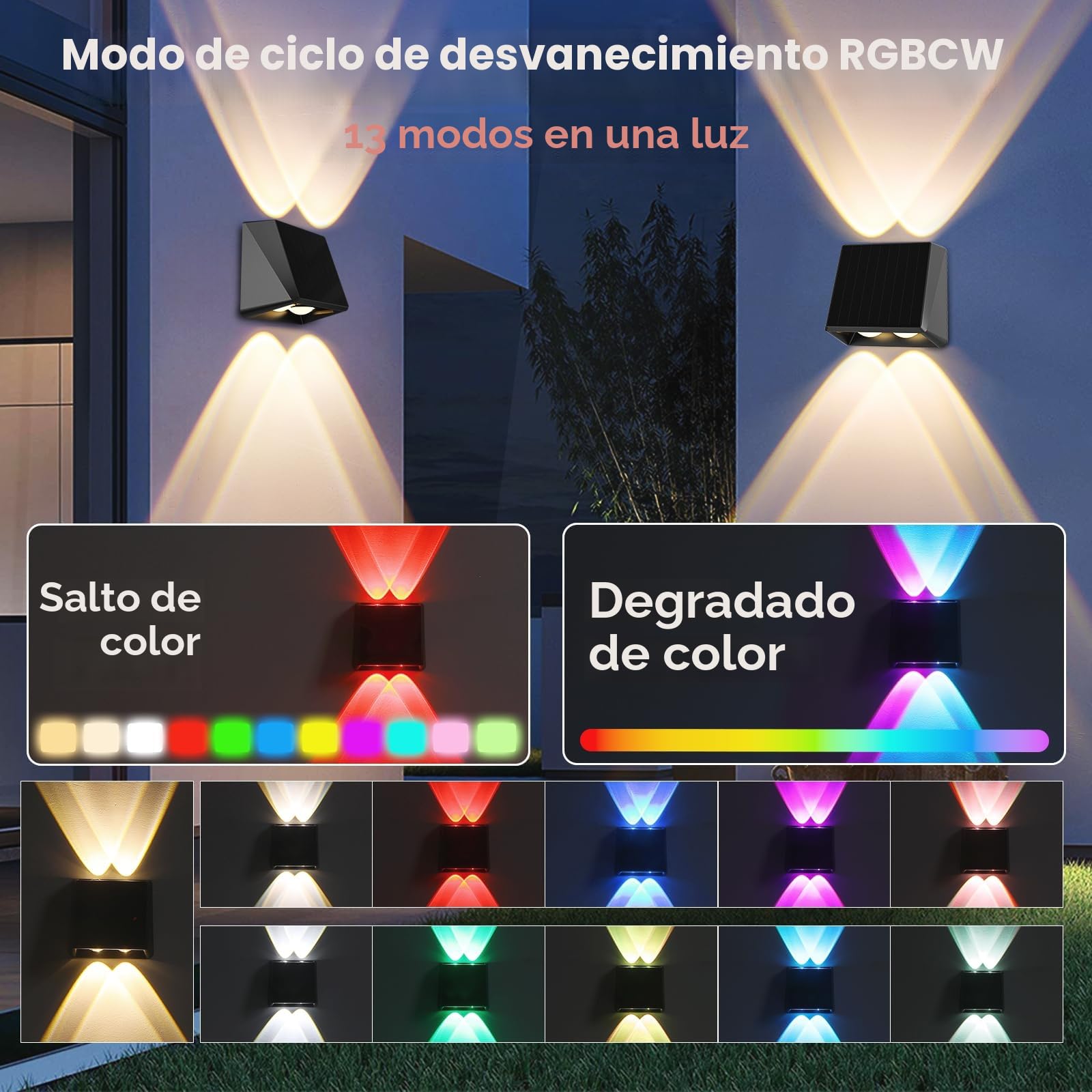 Quntis Aplique Solar Exterior Pared 4 Piezas, Blanco Cálido y Rgb Luces Solares Led Exterior Jardin Pared IP65 Impermeable con 13 Modos para Jardín, Porche, Garaje