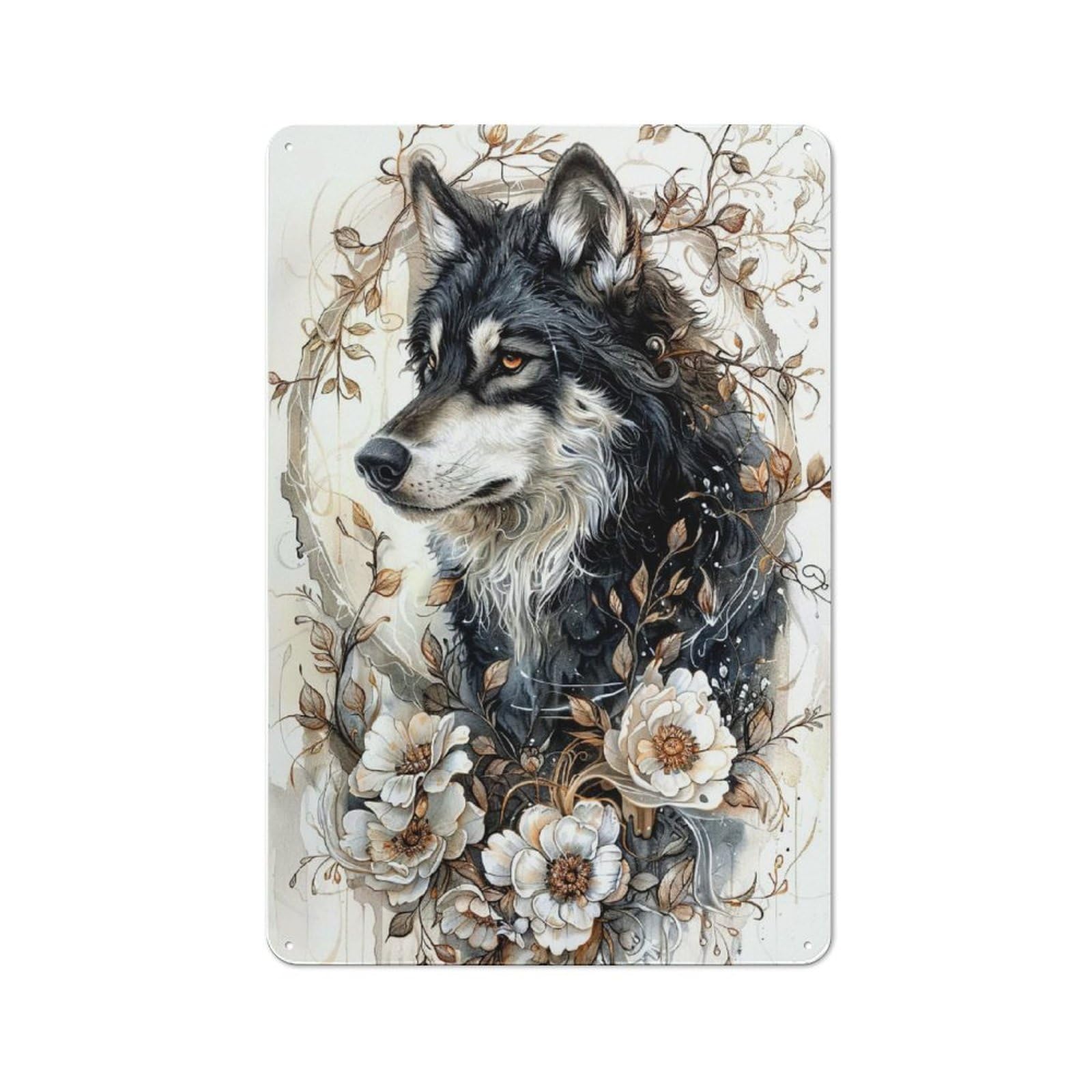 Junmoney Wolf In Bloom Metal Wall Sign 30X20cm Featuring For Garage Wall, A Housewarming Gift For People Furnishing A Garage