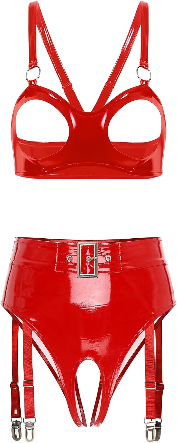 Women Latex Lingerie Set Teddy Hollowing Out High Waist Briefs with Garters Clips Nightwear Sleepwear