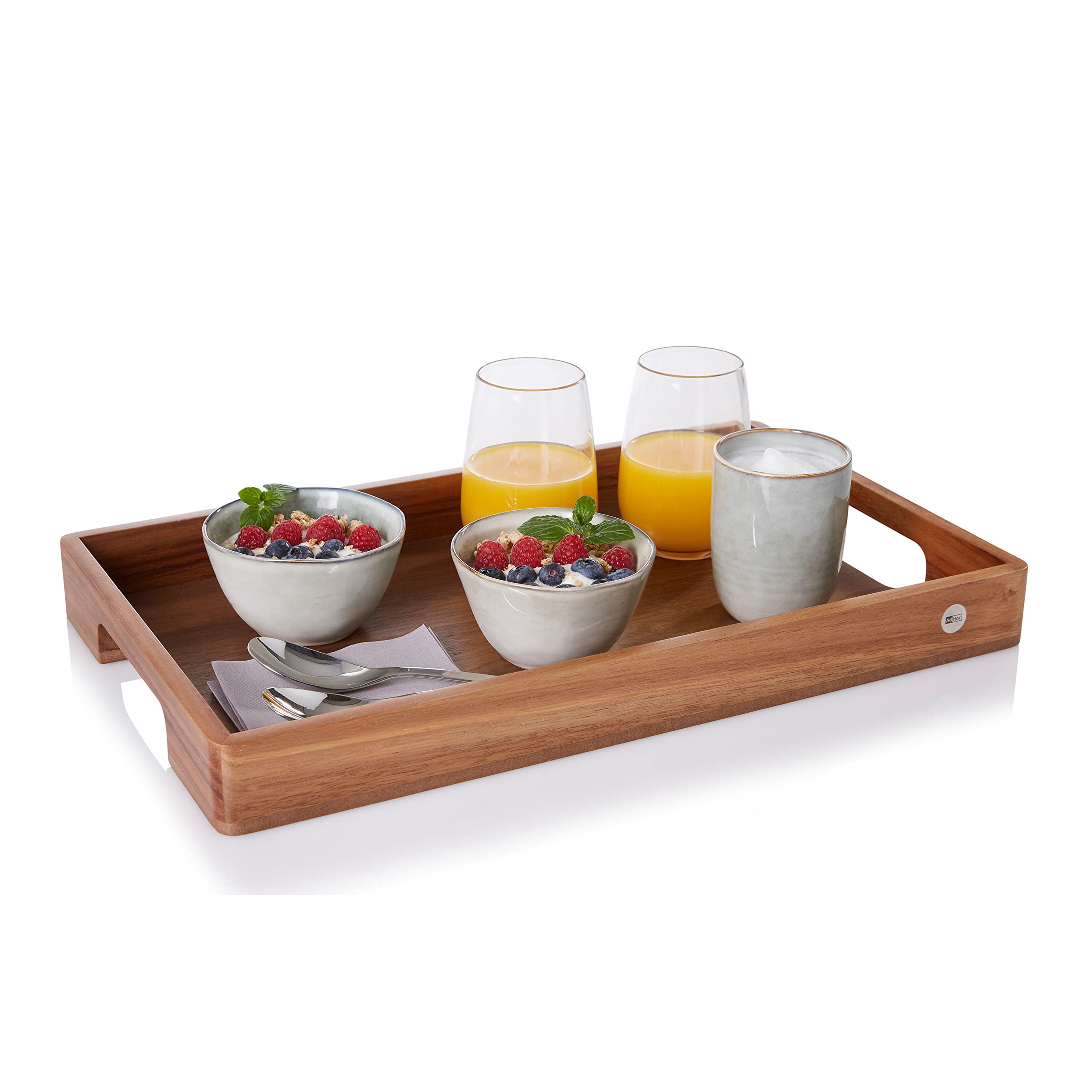 AdHoc Serve Smart Holztablett mit Griff, Serviertablett | Großes Tablett aus Akazienholz mit walnussfurniertem Boden, 56 × 30 cm
