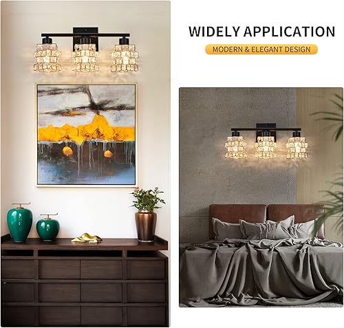 Miniatura 9 de Lámpara de tocador de baño de 3 luces, lámpara de cristal sobre el espejo, negro mate y luces de pared interiores giratorias de cristal  Pantalla