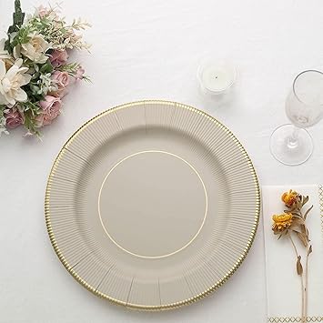 Tableclothsfactory 25 Pack 13" Taupe Gold Rim Sunray Heavy Duty Paper Serving Plates