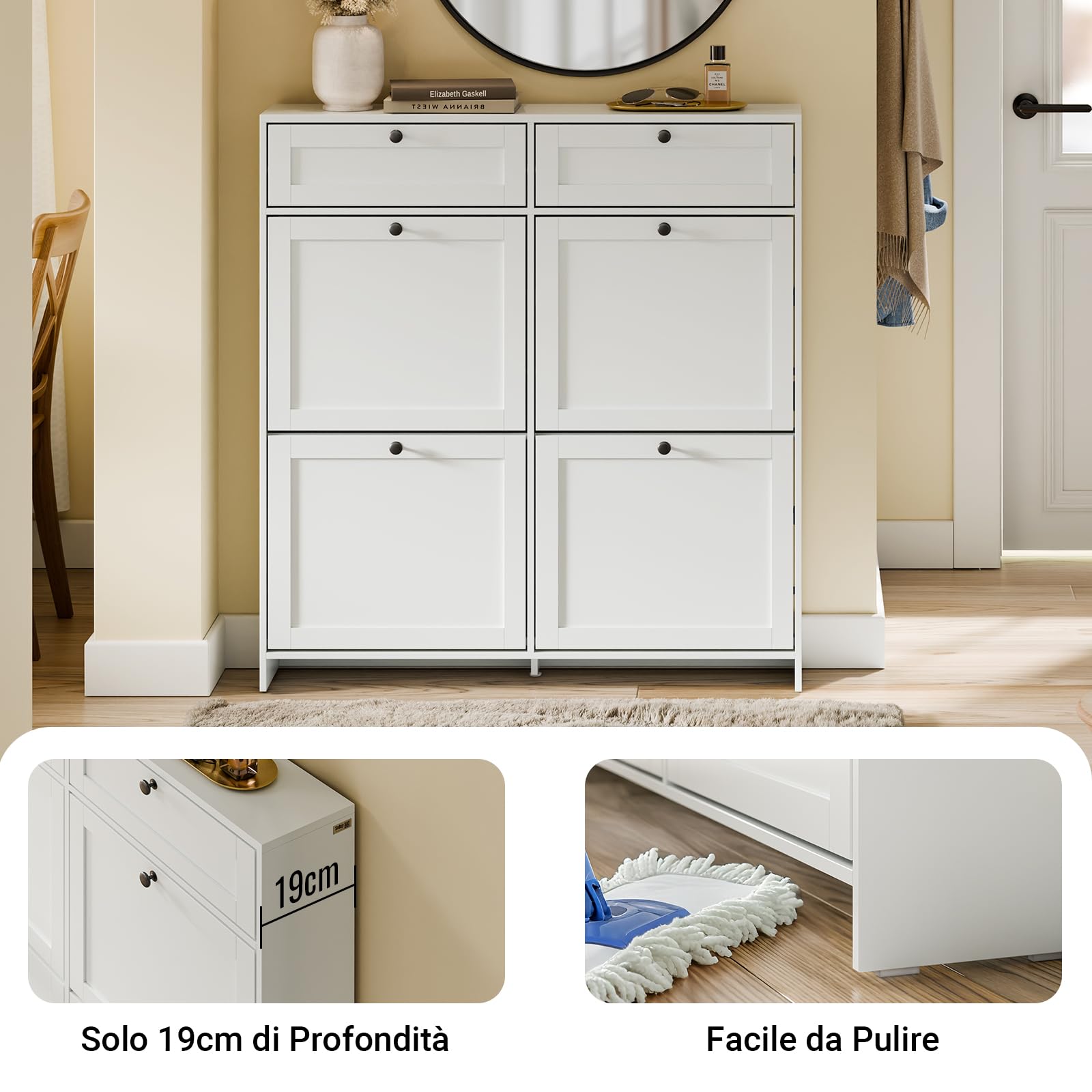 SoBuy Scarpiera Salvaspazio Slim, Scarpiera In Legno Bianco, Mobile Ingresso con 4 Ante a Ribalta e 2 Cassetti, a 12 Paia di Scarpe, Con Protezione Antiribaltamento, 100x19x107cm FSR208-W