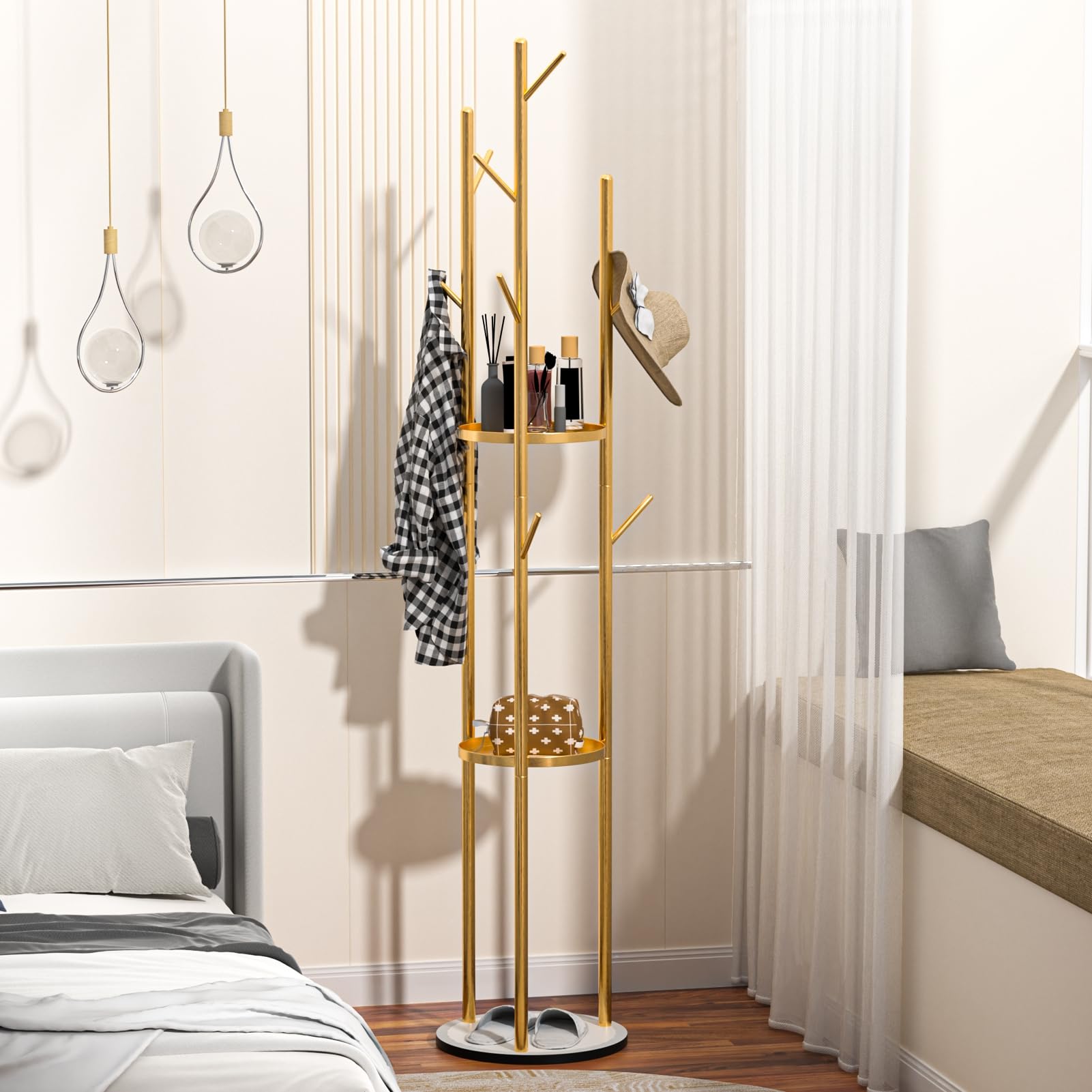Tinysiry Golden Coat Rack Stand, Freestanding Coat Rack With 3 Organizer Tray & Multi Hooks, Marble Base Standing Coat Hanger Modern Hat Rack,Sturdy And Easy To Assemble Coat Tree For Entryway Bedroom Gold