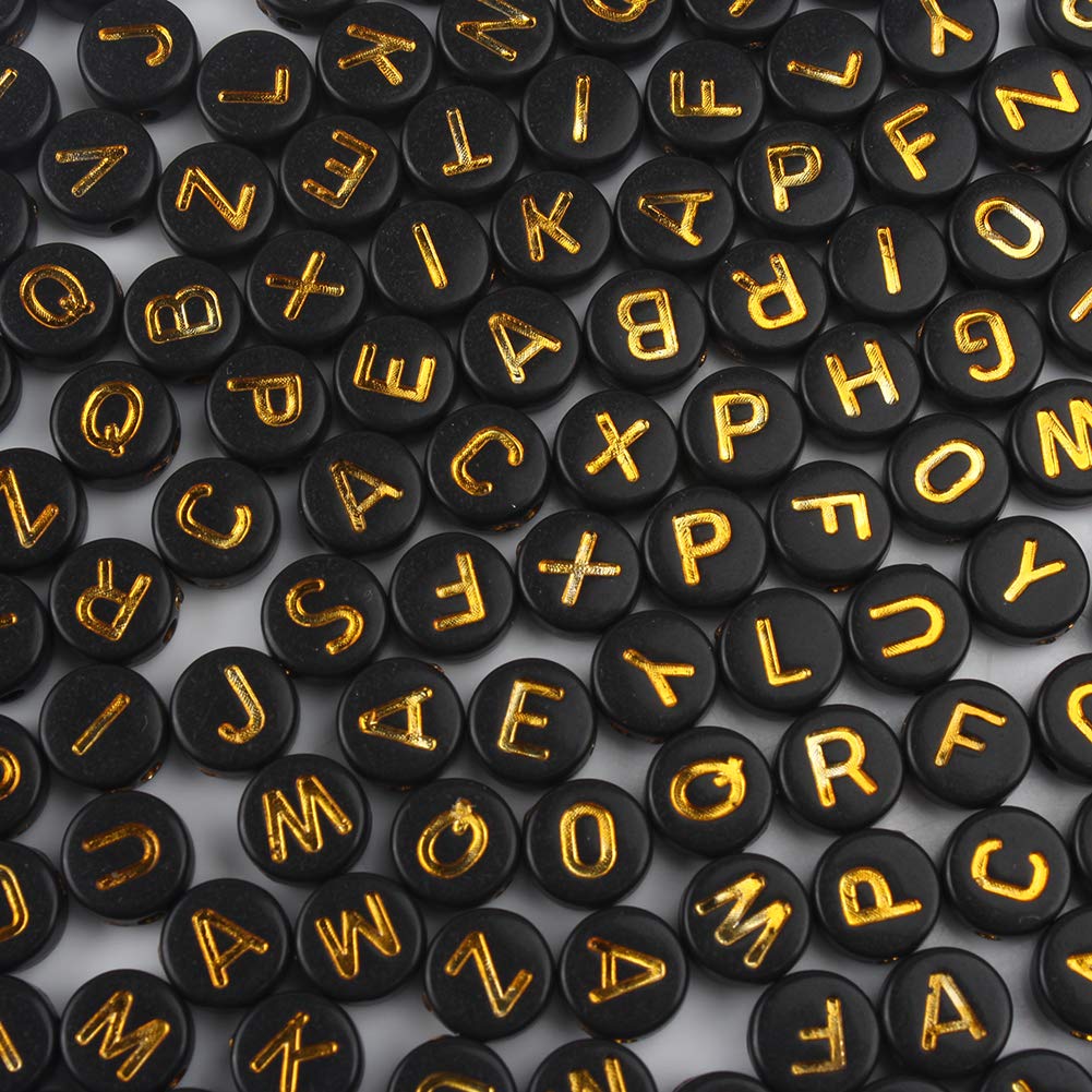 Song Xi 1200pcs Black Letter Beads for Bracelets Round Acrylic Black and Gold Alphabet Beads 4x7mm for Jewelry Making