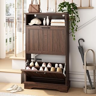 24" W Hidden Shoe Storage Cabinet with 2 Flip Drawers & Open Storage | Farmhouse Modern Shoes Rack Cabinet,Adjustable Shelves, Narrow Slim Shoes Organizer for Front Door Entrance, Entryway, Walnut - Amazon product rated Grade A