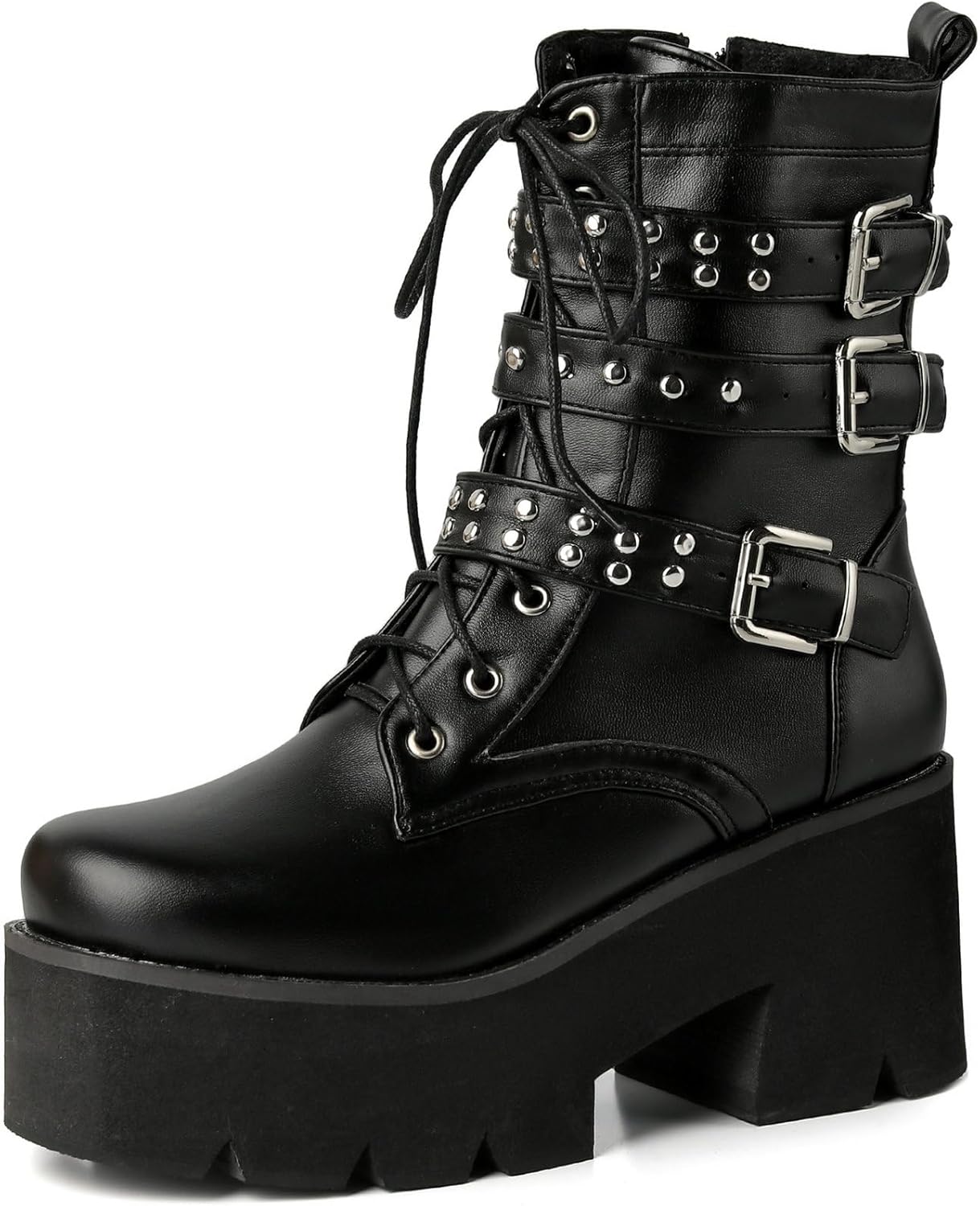 LUXMAX Women Buckle Goth Chunky Platform Ankle Boots Lace Up High Heel Motorcycle Boots with Chain
