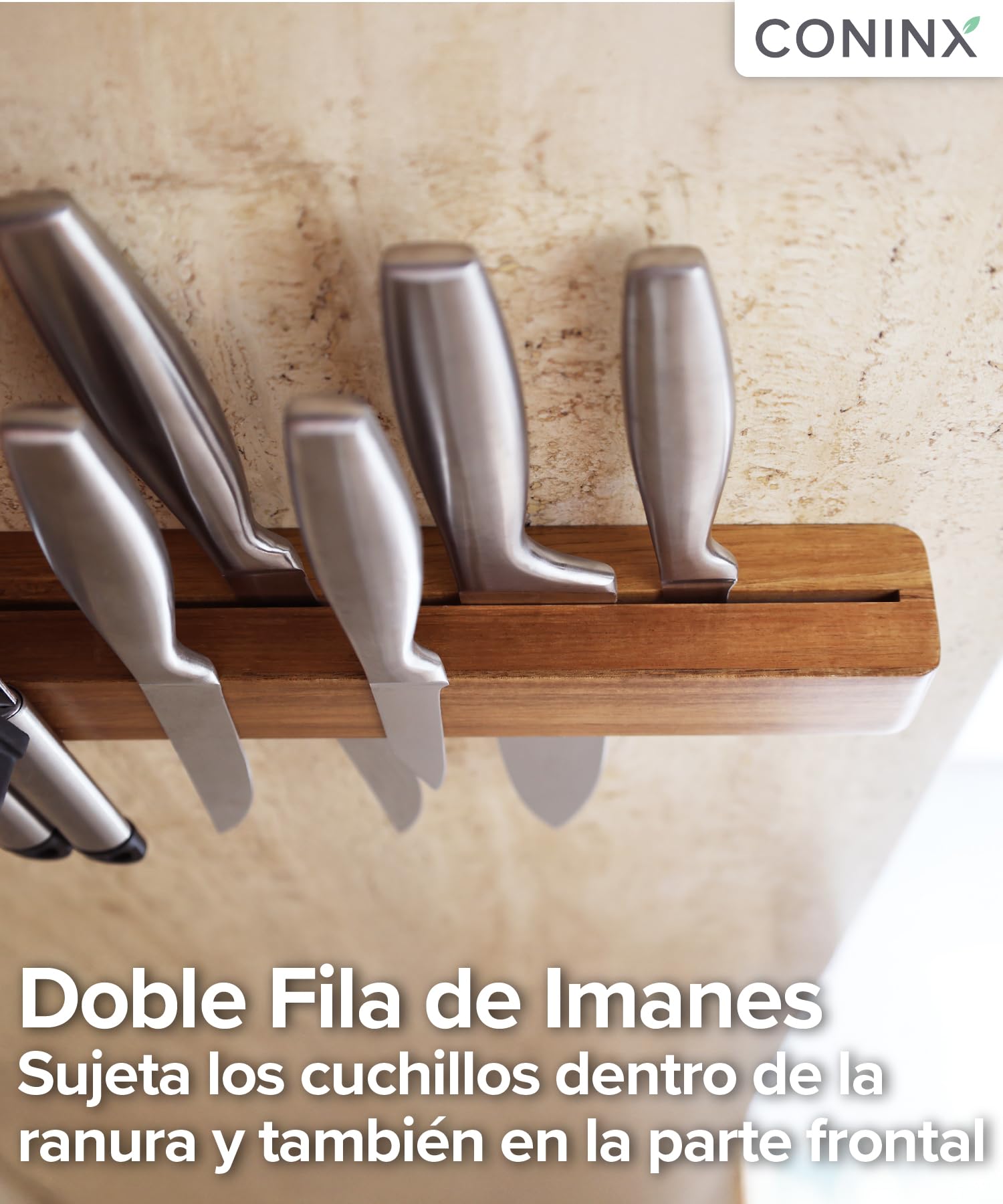 Coninx Barra magnética de pared doble imán de madera de acacia - 40 cm portacuchillos con tornillos y tacos - Carril imán potente para utensilios de cocina elegante y ahorro de espacio