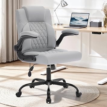 Office Chair,Executive Computer Desk Chair,Grey | Inflatable Lumbar Support,Soft PU Leather,Flip-up Armrests,Ergonomic,Tilting,Swivel,Rolling PC Chair