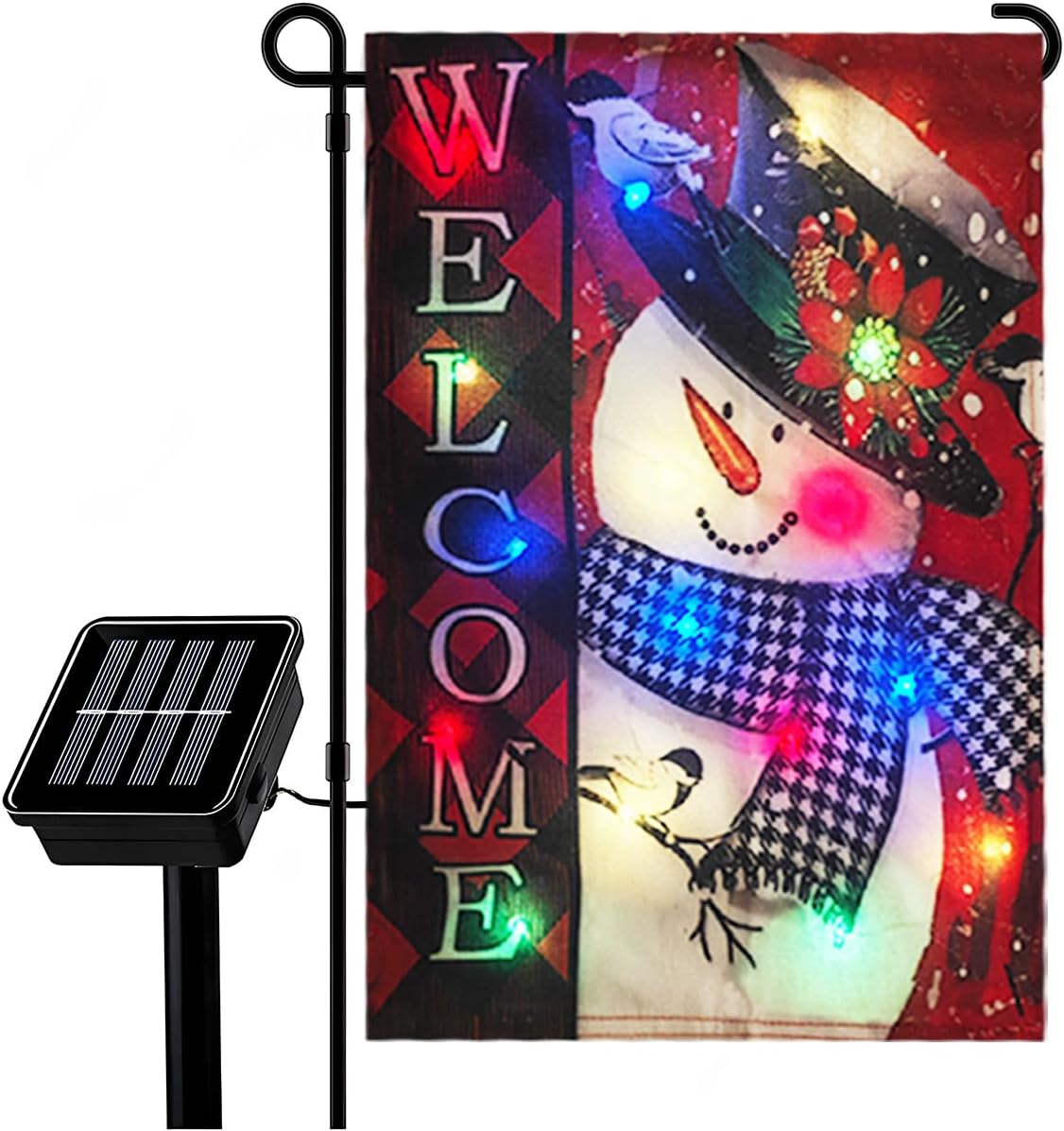 Solar Christmas Flag Light-Welcome Snowman Double-Sided Snowflake Garden Yard Hanging Flags Decor LED 8 Lighting Modes for Porch Outdoor Winter - Image 5