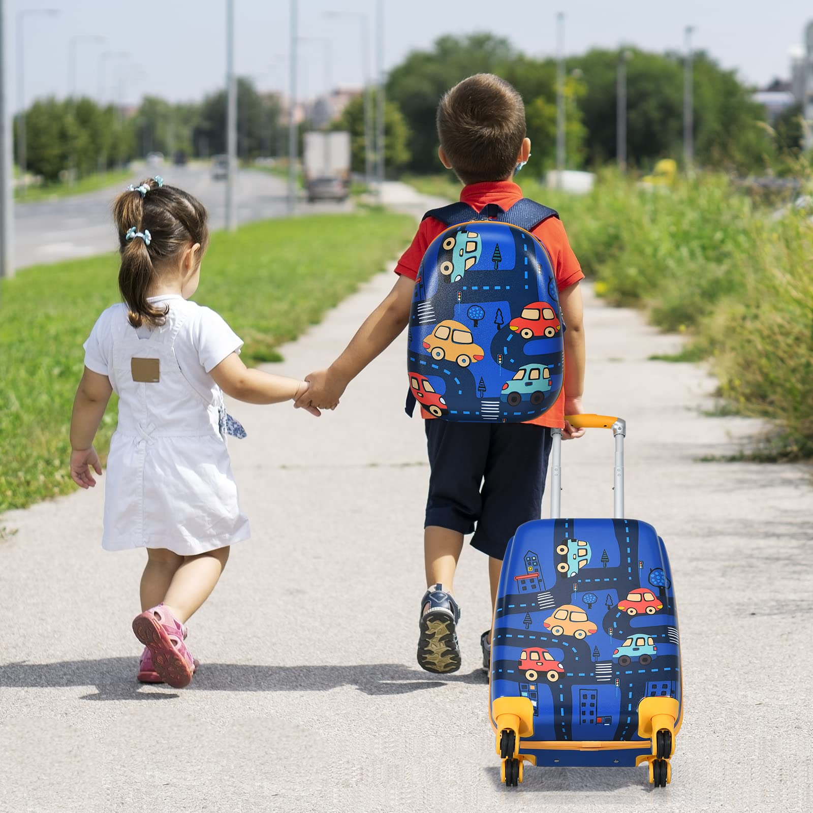 DREAMADE Trolley per Bambini, Set di Zaino + Trolley da Viaggio con Maniglia Leggero con Ruote (12"+18", Auto)