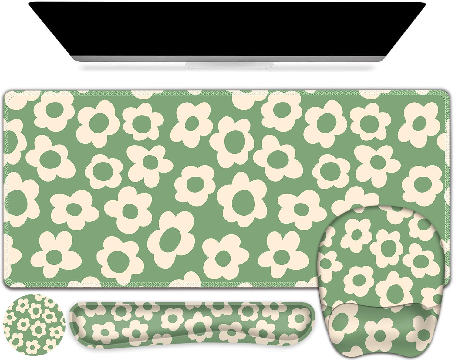 NXZGO Mouse Pad Wrist Support Set: Computer Desk Mat, Large Mousepad + Keyboard and Mouse Wrist Rests+ Coaster, Ergonomic Desk Pad Matt Protector Easy Typing Pain Relief- Vintage Groovy Flowers — image 1