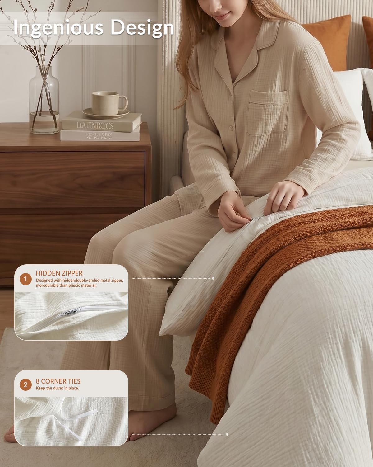 Bailix Set di biancheria da letto in mussola di alta qualità, 135 x 200 cm, 3 pezzi, bianco, 100% cotone, 135 x 200 cm + 2 federe 80 x 80 cm, con bottoni bianchi