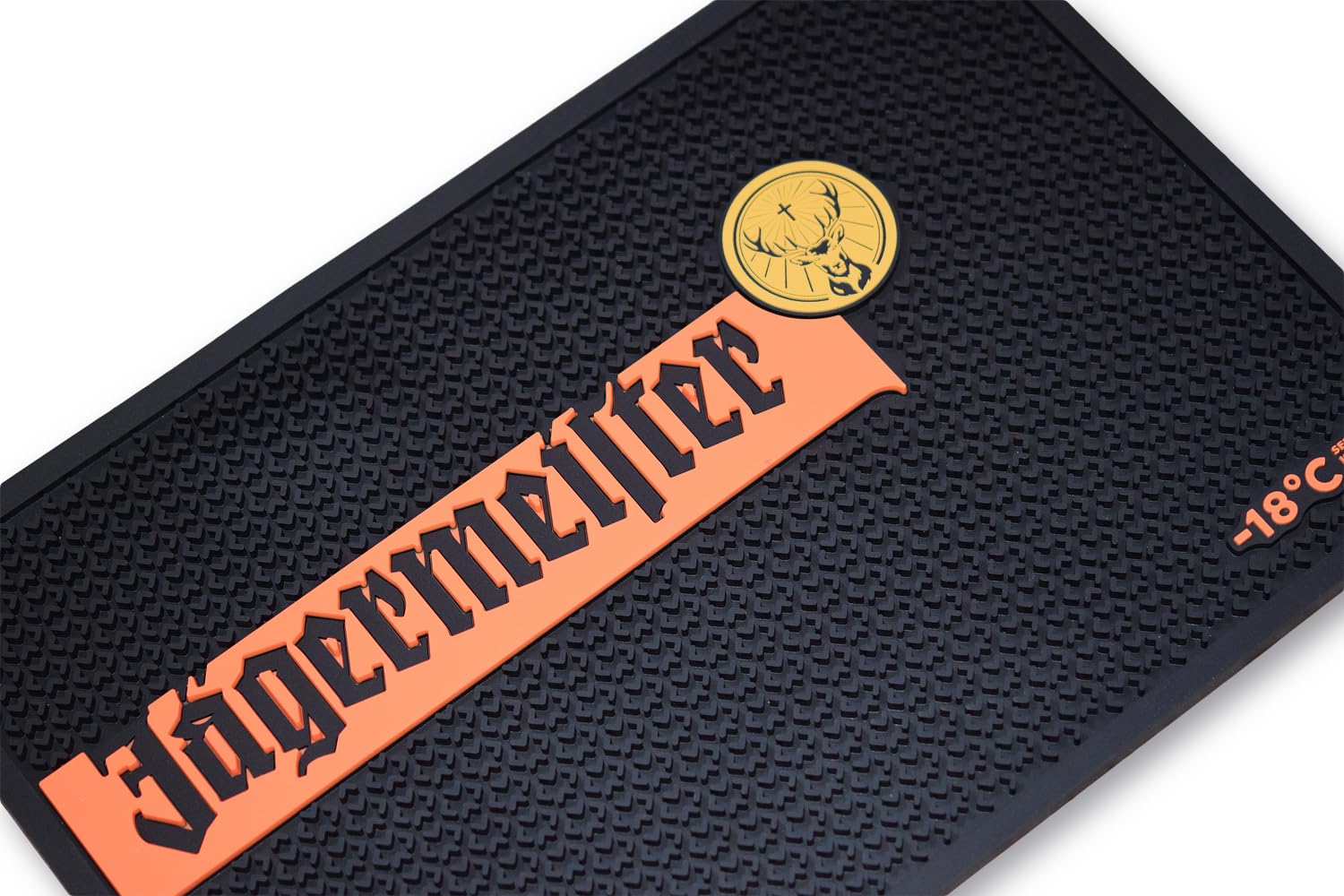Originale Jägermeister XXL Bar-Matte Abtropf-Matte mit Noppen und Logo, Schwarz + Jägermeister Kunststoff-Probierbecher + Albellion Flaschenöffner