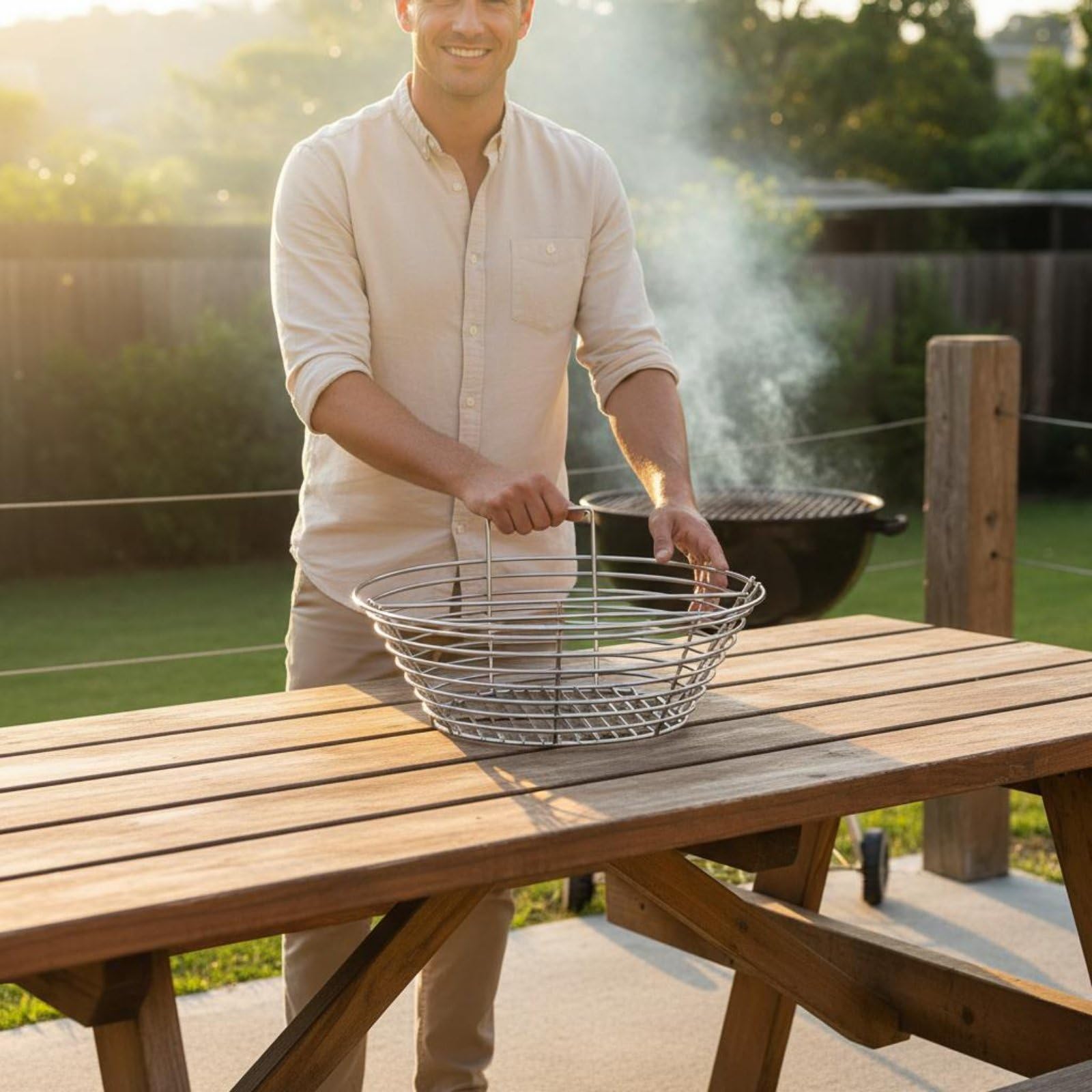 Carbone Barbecue Cestino Bricchette Contenitore Carbone Supporto Griglia in Acciaio Inox con Divisorio per Ventilazione Uniforme E Gestione Calore, Per Forni Da 19 Pollici