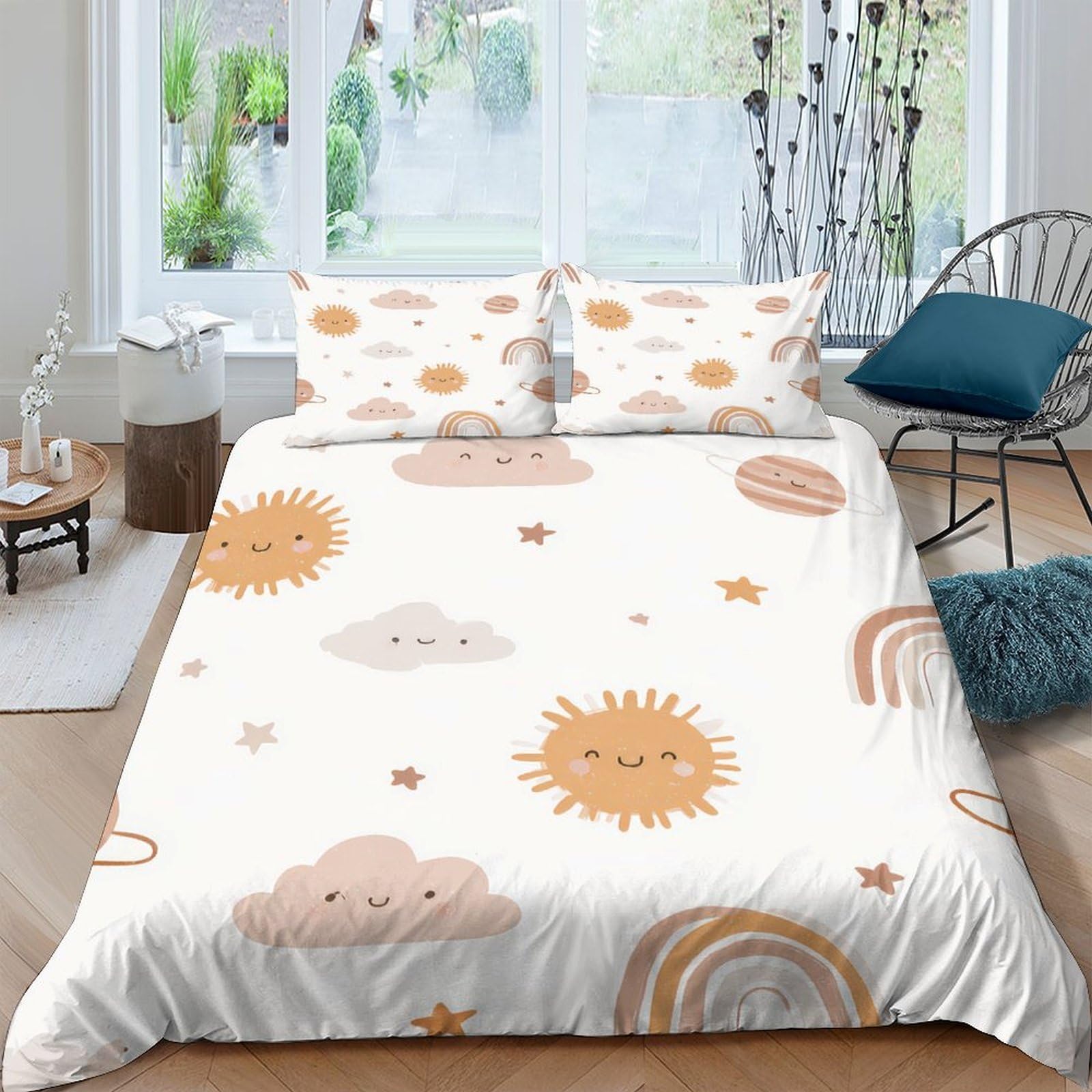 Ctjqhvkz Style-8 3D Printed Sun Cloud Fitted Sheet Microfiber Soft Cartoon Rainbow Mattress Cover For Bedroom Home Decoration Single（135X200cm）