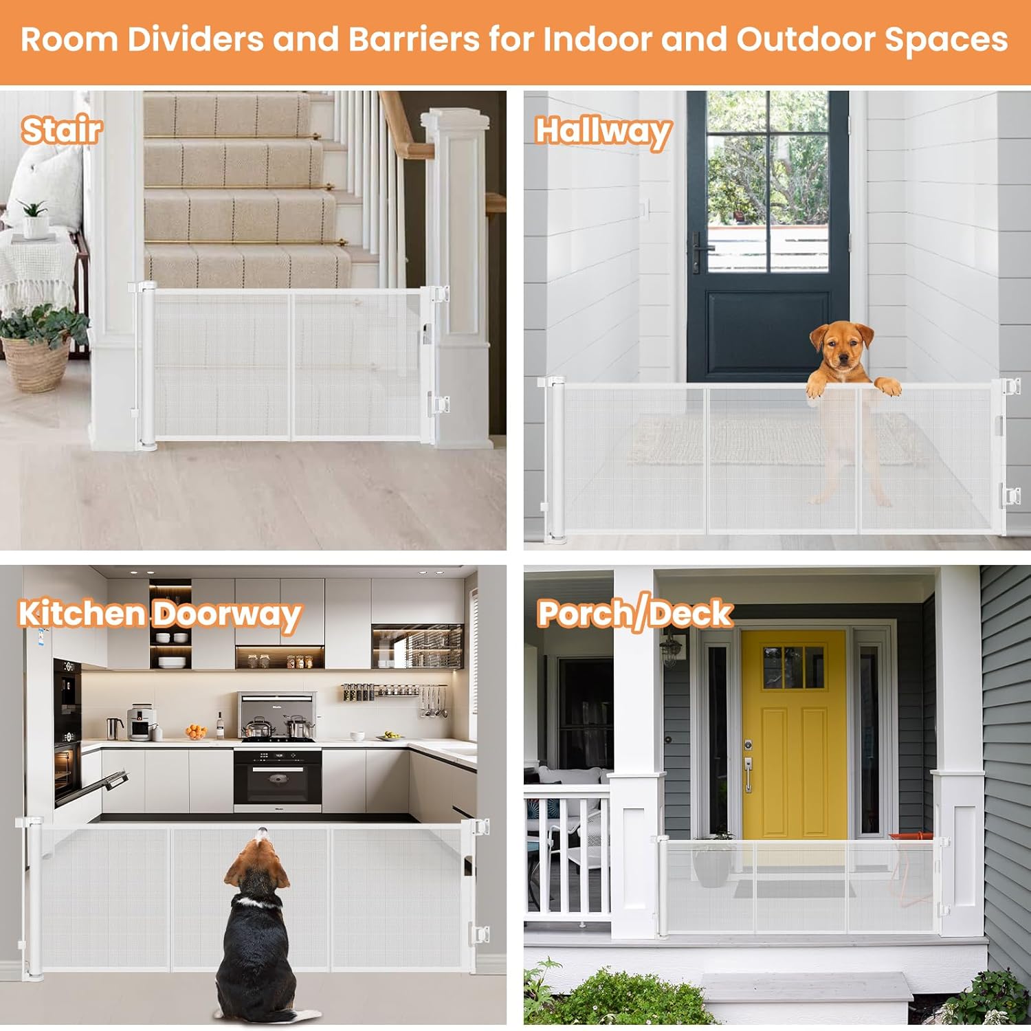 22 Inch Tall Retractable Baby Gates for Dogs, Easy Step Over Pet Gate Mesh Baby Gate Retractable Gates for Dogs, 55" Wide Reinforced Retractable Dog Gate Short Baby Gate Puppy Gates for Doorways/White