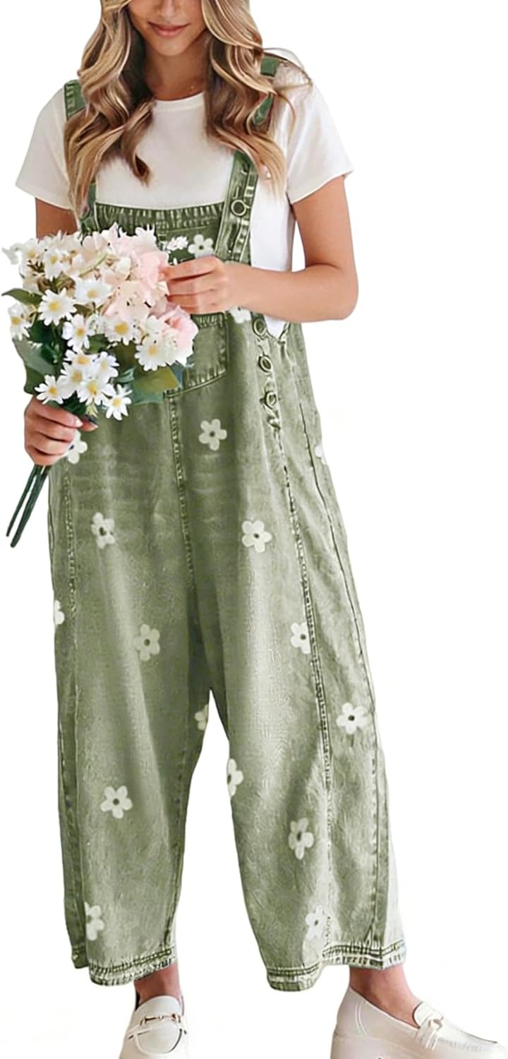 utcoco Women Floral Printed Adjustable Strap Denim Bib Overall Wide Leg Jeans Casual Baggy Overalls Jumpsuit