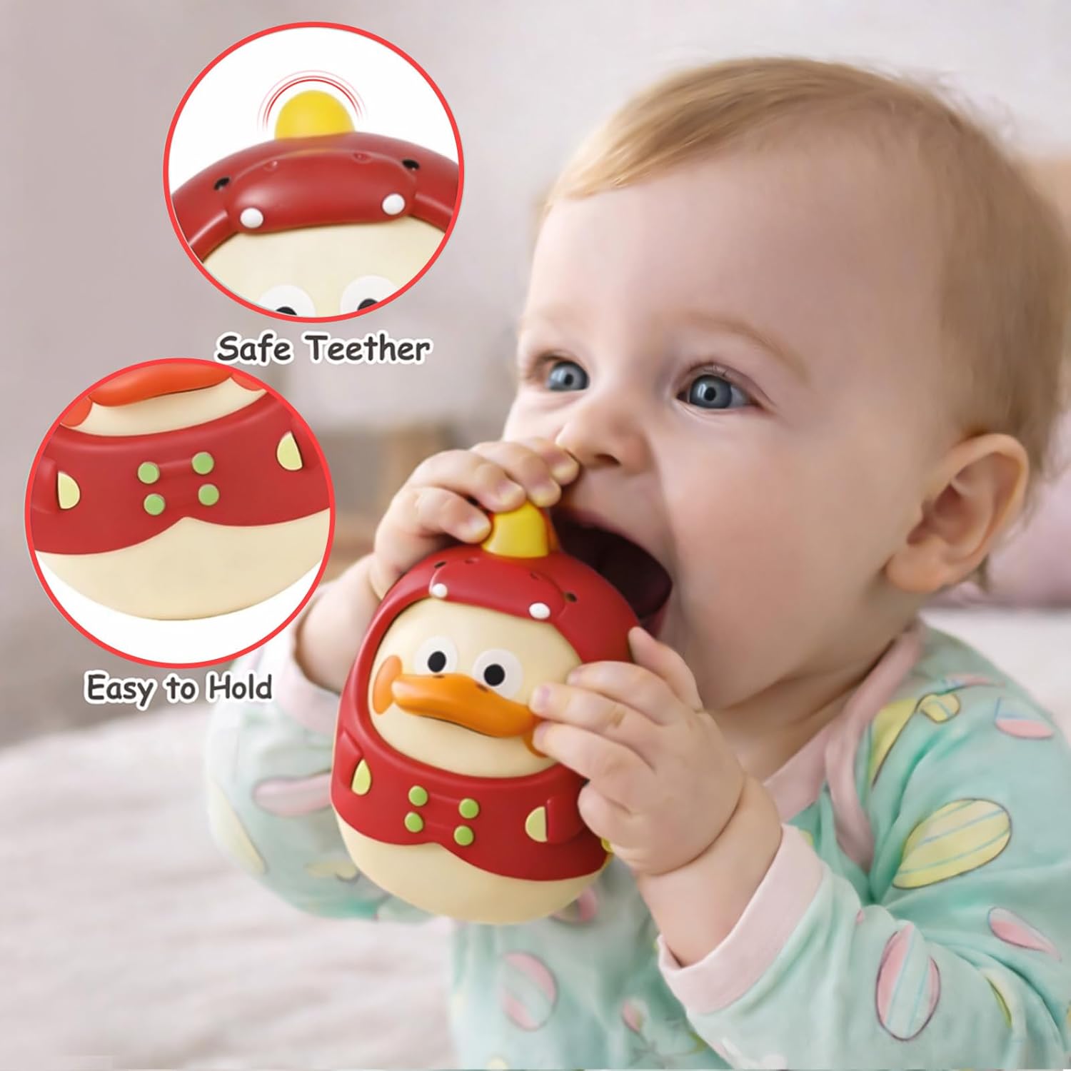 Tinabless Tummy Time Toys, Dinosaur-Duck Roly Poly Baby Toy, Musical Wobbler Toy | Tumbler Wobbler Toy for Newborns 3-12 Month Baby Boys and Girls Easter Basket Gift First Birthday Present (Red)