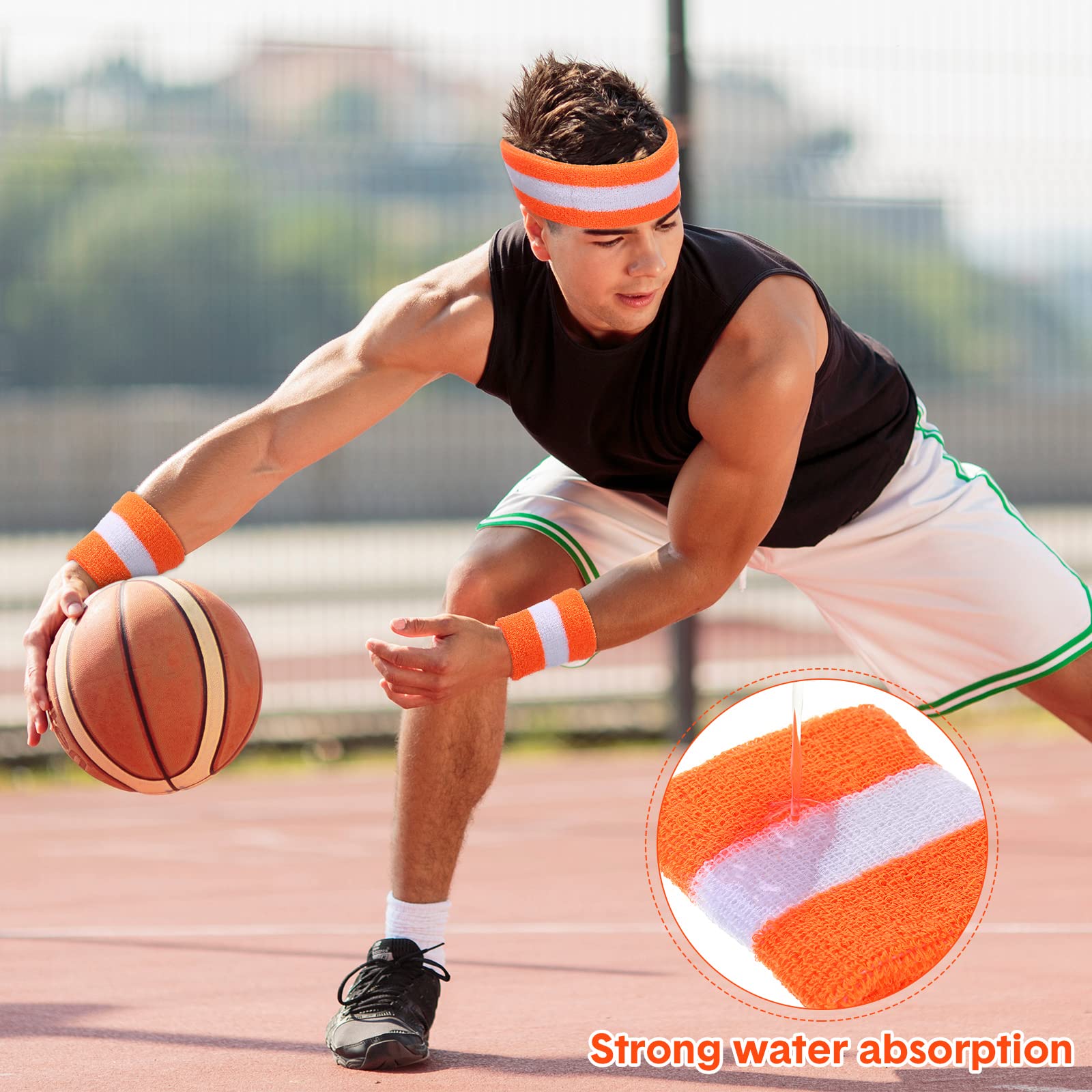 El juego de 36 bandas de sudor a rayas a granel incluye 12 diademas a rayas que absorben el sudor y 24 pulseras de algodón para hombres y mujeres, gimnasio deportivo (naranja, blanco)