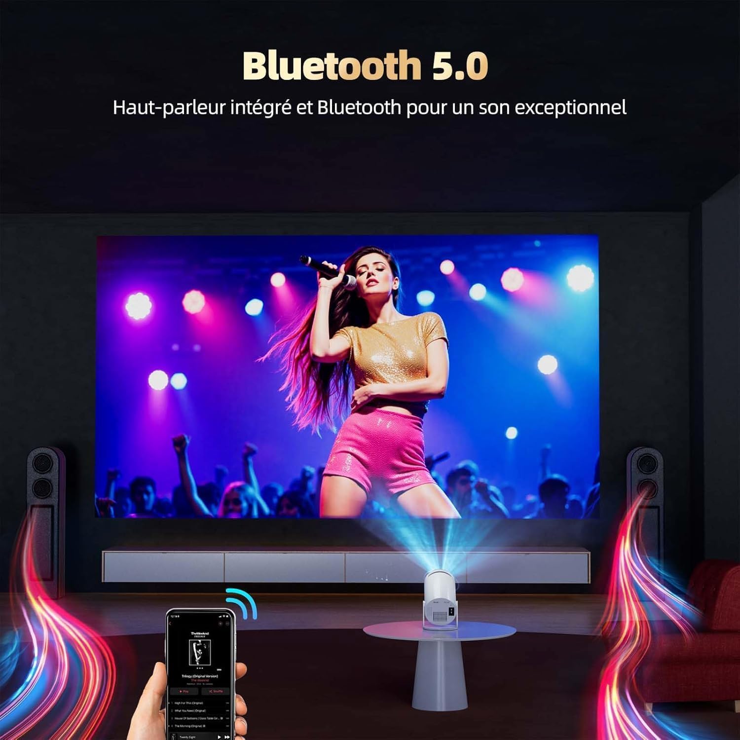 Beamer Unterstützt 4K, Projektor Heimkino mit WLAN und Bluetooth, 270° Drehung, Automatische Vertikale Trapezkorrektur, Kompatibel mit iPhone/TV Stick/HDMI/USB