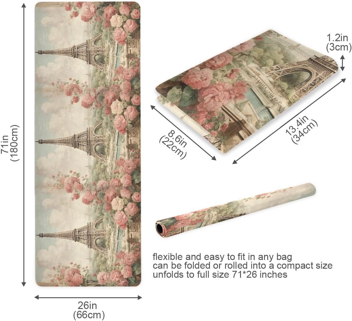 ALAZA Vintage Eiffel Tower Paris Flower Yoga Mat Non Slip Fitness Exercise Mat, Workout Mat for Yoga, Pilates and Floor Exercises