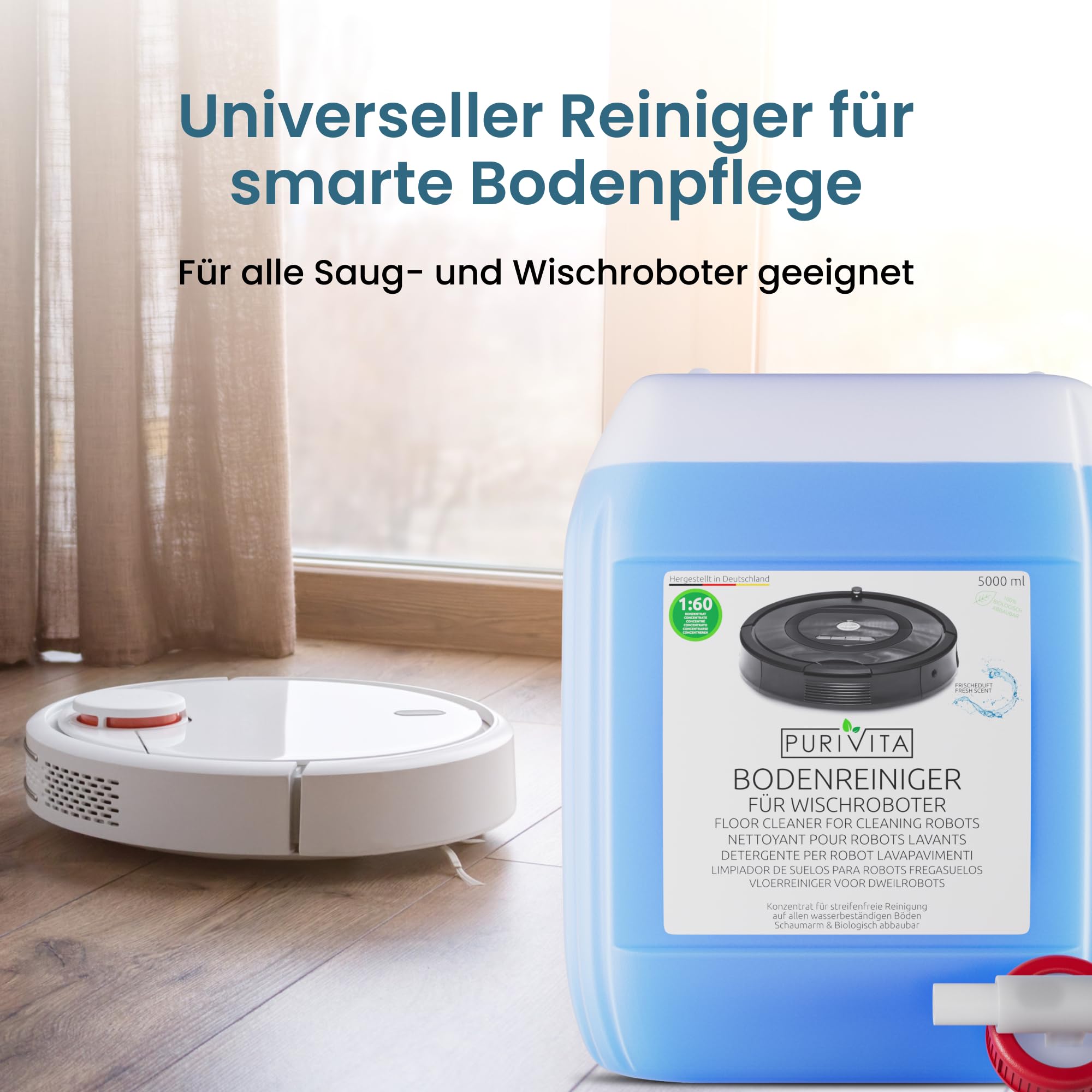 PURIVITA® Wischroboter Bodenreiniger Reinigungsmittel Konzentrat, 5L | Streifenfrei, schnell trocknend und ergiebig, auch für Nasssauger, Saugwischer und Waschsauger