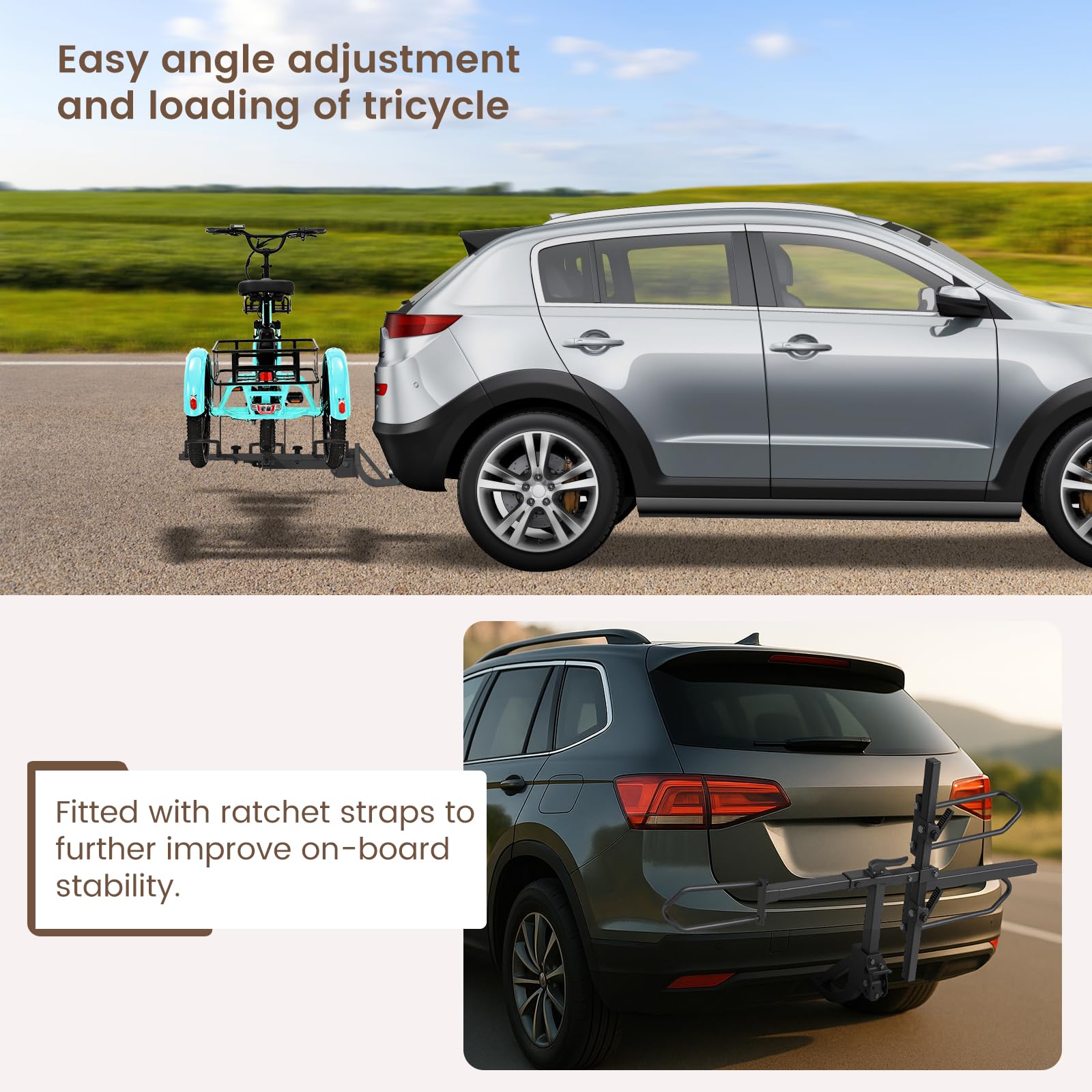 NAIZEA Hitch-Mount Trike Rack for Ebike Heavy-Duty,Fat Tire 3 Wheel Bike Rack for Tow Hitch 170 lbs Capacity, Heavy-Duty Foldable Bike Carrier for Standard, 2 inch Receiver, Fits 5