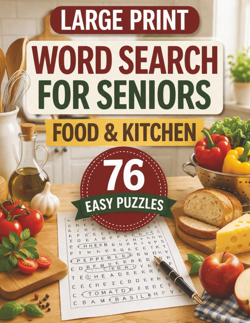 Food and Kitchen Large Print Word Search For Seniors: 76 Relaxing Puzzles with Easy-to-Read Large Print Featuring Foods, Meals, Cooking, and Everyday Kitchen Words