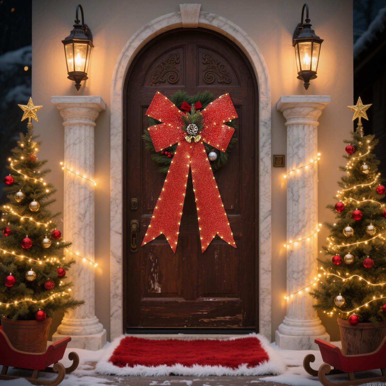 DomKom 32 Inch Large Red Bows Christmas Decorations, 118 Led Lighted Giant Bow with 8 Light Functions &Timer, Golden Bell Pine Cone for Xmas Tree Topper Wreaths Indoor Outdoor Holiday Decor - Image 6