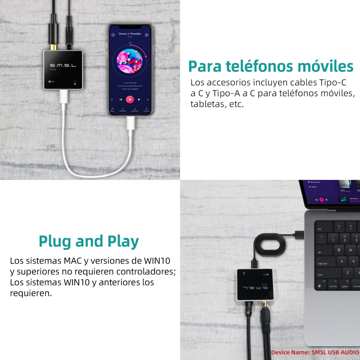 SMSL PO100 2024 XU316 Convertidor De Audio Digital - Analógico, mqa Decodifica USB a Toslink Coax/Optics Audio Adapter, Mini USB a Coax para Teléfonos Móviles/PC/Player/Streamer (Negro)