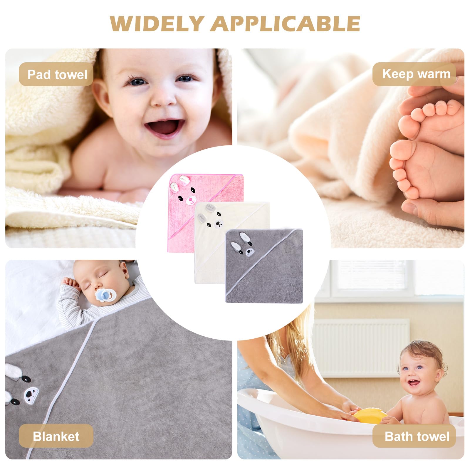 BORDEAG Cape De Bain 3 Pièces, Sortie De Bain Avec Capuche, Serviette Super Absorbante et Douce Avec Motif Adorable, 80 x 80 cm pour Bébé de 0 à 2 Ans